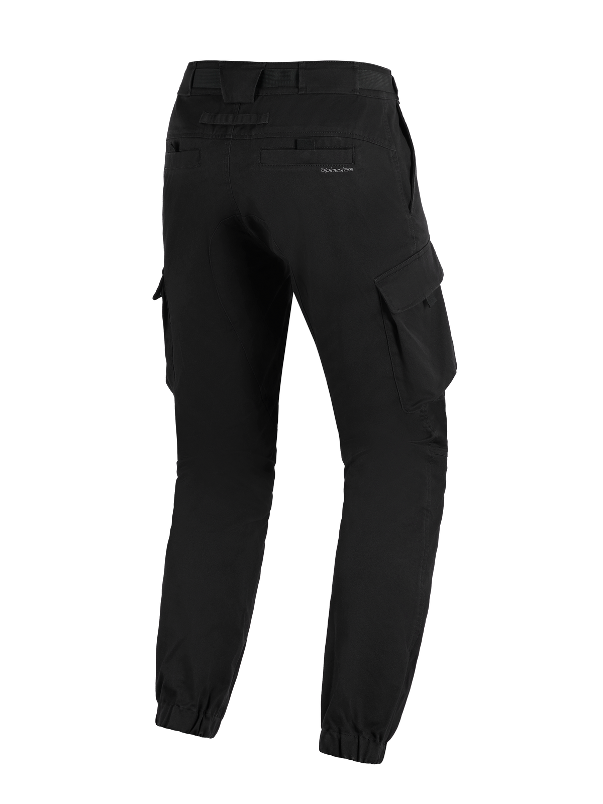 Alpinestars Flex-AST Cargo Pants - Short, negro, vista trasera de pantalones de moto urbanos con un ajuste cónico, dobladillos elásticos en los tobillos, bolsillos cargo laterales y marca sutil en el bolsillo trasero.