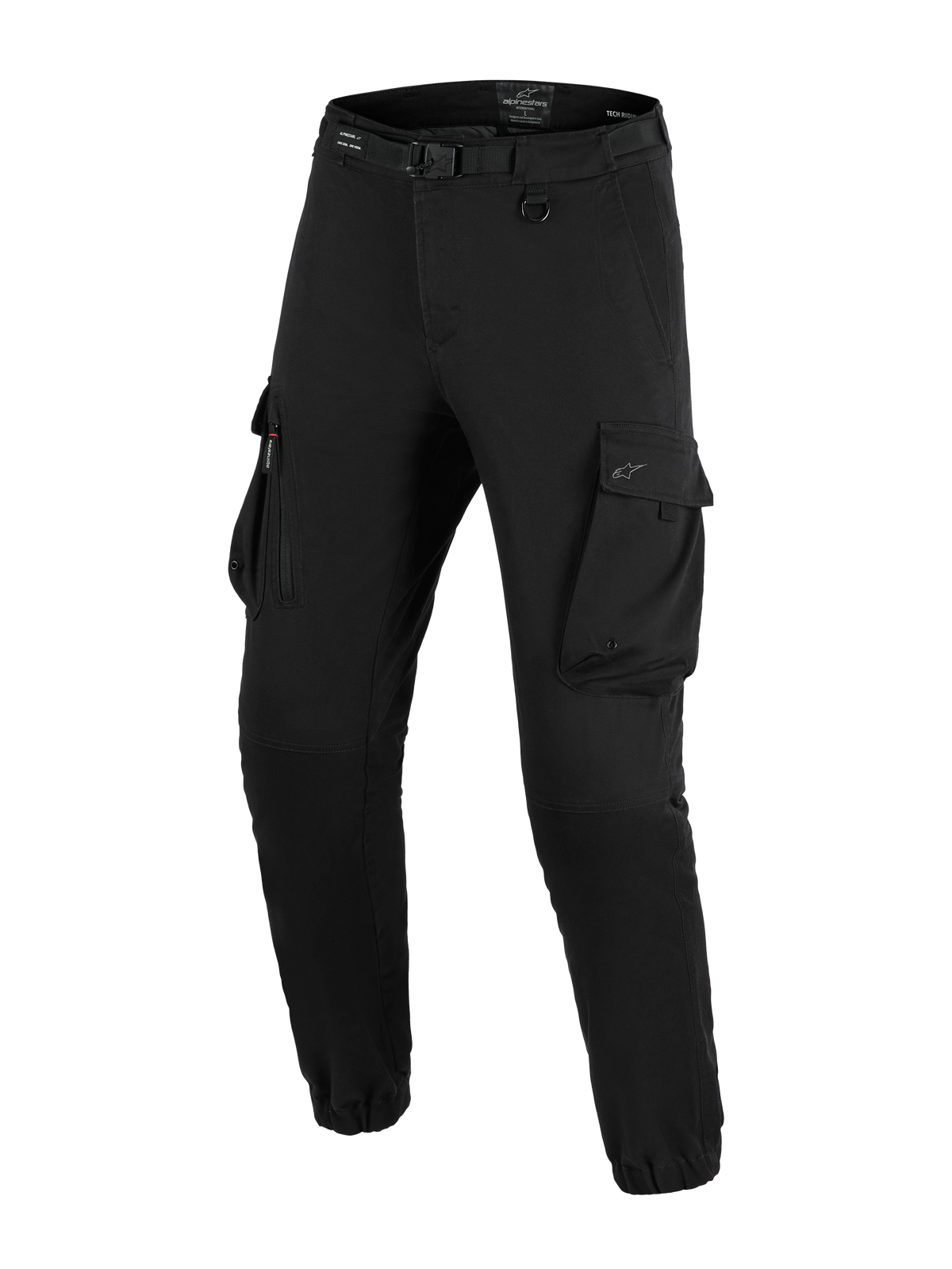 Alpinestars Flex-AST Cargo Pants - Short, pantalones de moto urbanos, color negro, ajuste regular cónico con dobladillos elásticos, con cinturón integrado con hebilla, anillo en D y bolsillos cargo laterales de gran tamaño.