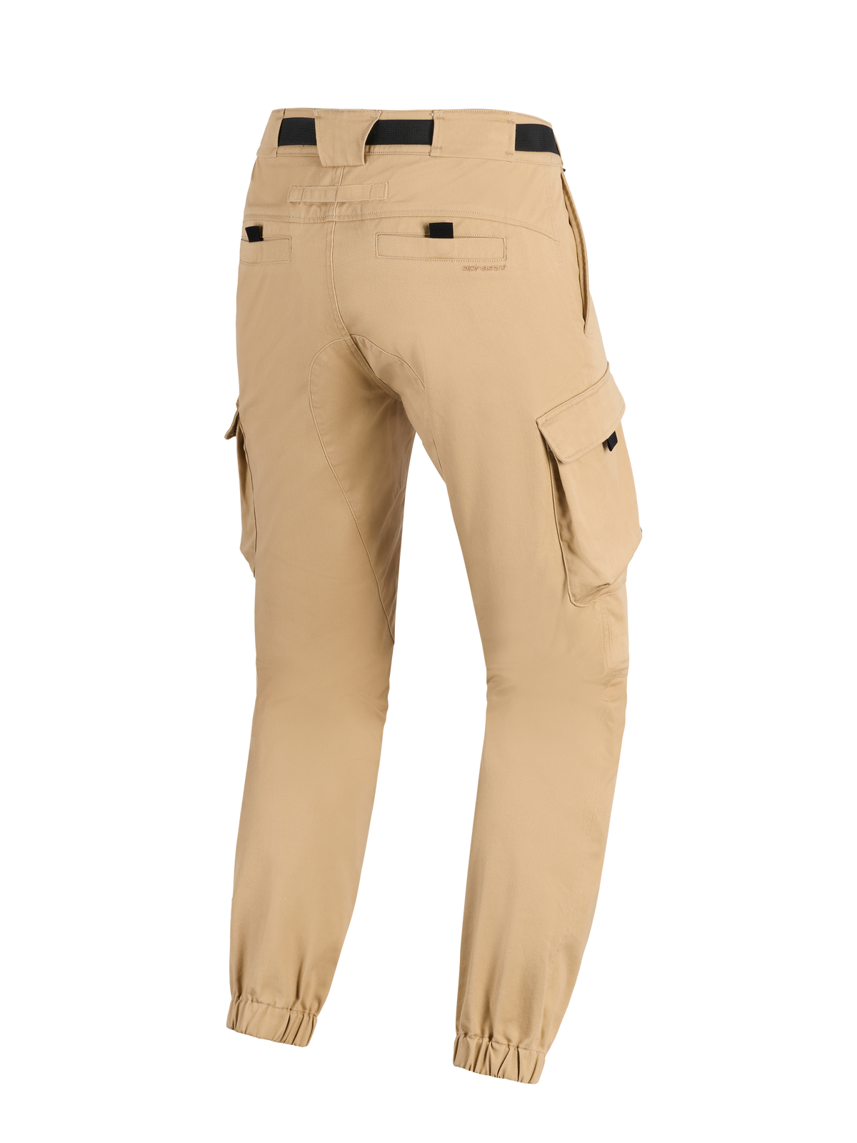 Alpinestars Flex-AST Cargo Pants - Short, pantalones de moto urbanos, beige claro, vista trasera que muestra los bolsillos cargo laterales, puños elásticos en los tobillos y bolsillos traseros con detalles en negro, diseño contemporáneo y robusto