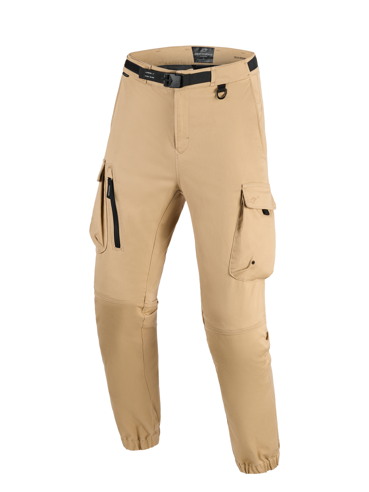 Pantalones Cargo Alpinestars Flex-AST - Corto, beige claro, pantalones de moto urbanos con diseño cargo de múltiples bolsillos, cinturón negro integrado con hebilla, anilla en D y dobladillos elásticos para un ajuste entallado