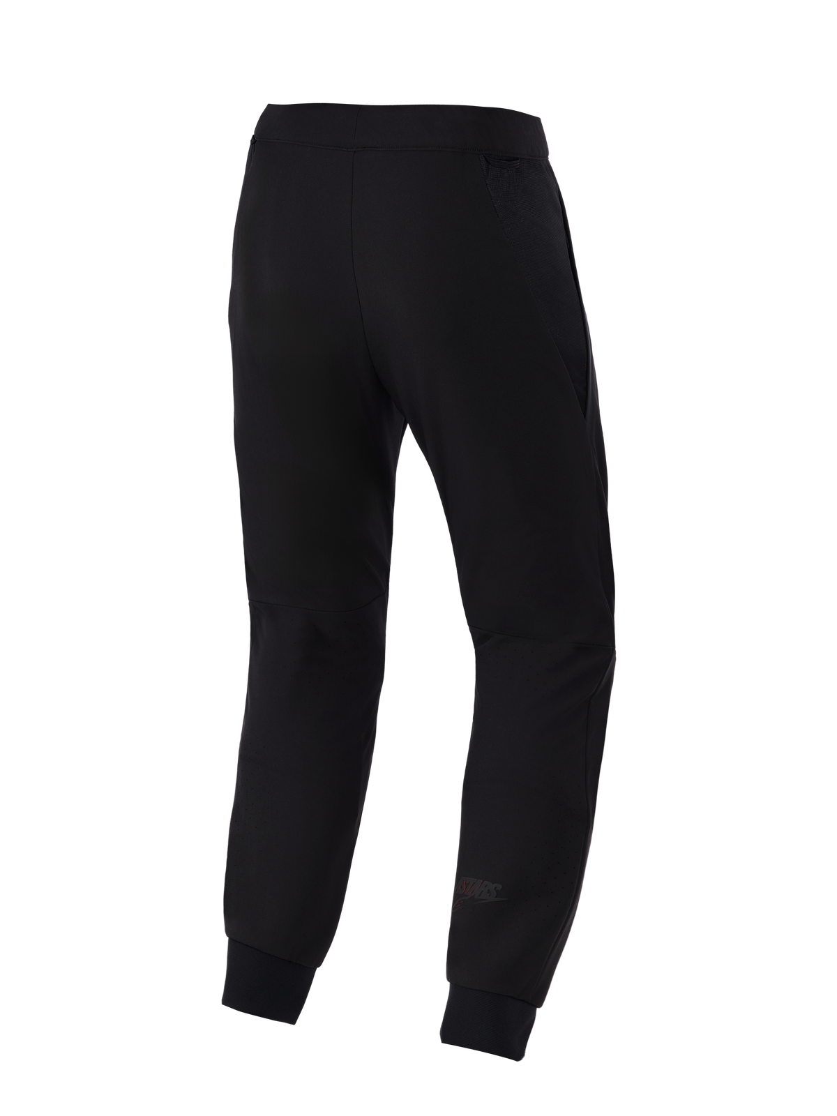 Alpinestars Aeroshell Airflow Pants, pantalones de moto, negros, vista trasera con un chasis de softshell elástico ligero, paneles de malla 2D integrados para transpirabilidad, zonas de la pantorrilla perforadas con láser y un sutil logo de Astars en la parte inferior de la pierna.