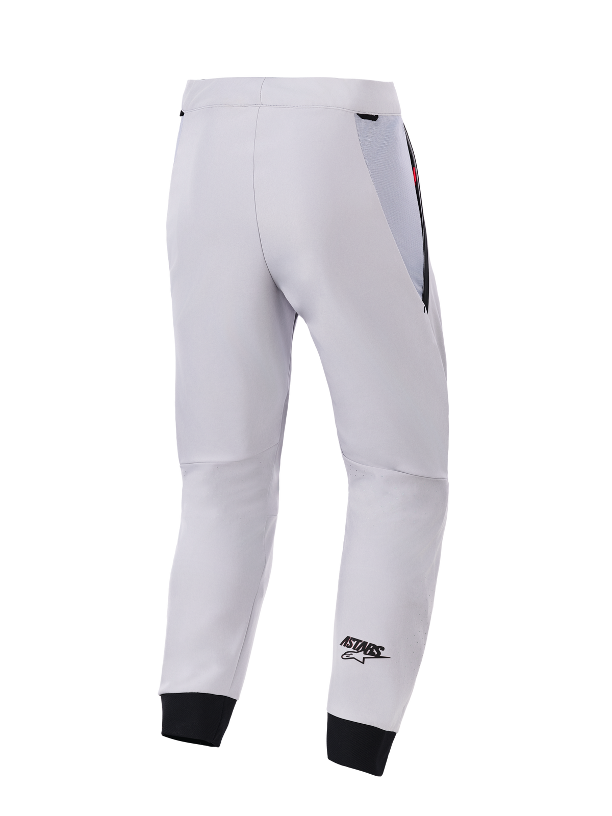 Alpinestars Aeroshell Airflow Pants, vista trasera, gris medio, pantalones técnicos de motociclismo de softshell, con paneles de malla negra en la cadera y puños elásticos, logotipo ASTARS negro en la parte inferior de la pierna, diseño deportivo ligero y ventilado