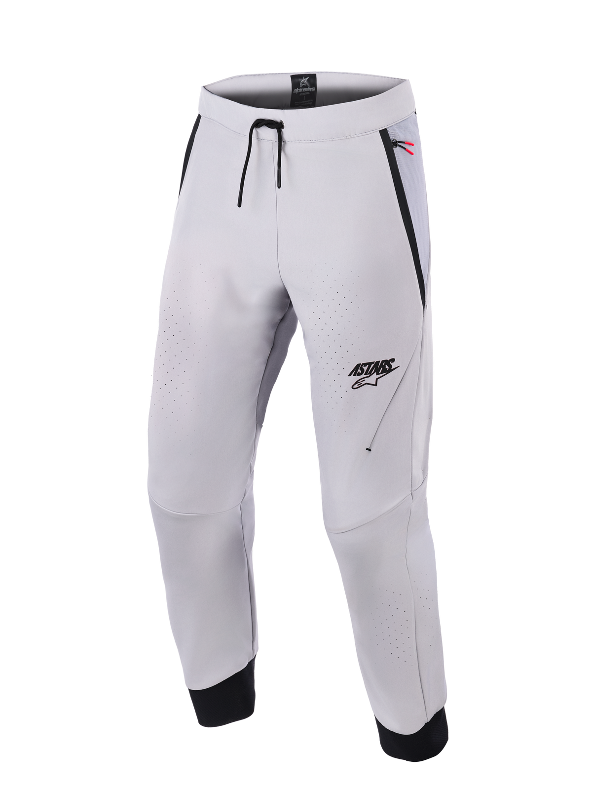 Pantalones Alpinestars Aeroshell Airflow, pantalones de moto en color gris medio, con zonas de ventilación perforadas con láser, logotipo ASTARS en el muslo izquierdo, cintura con cordón ajustable y puños negros en los tobillos, diseño técnico de softshell para conducción deportiva y urbana