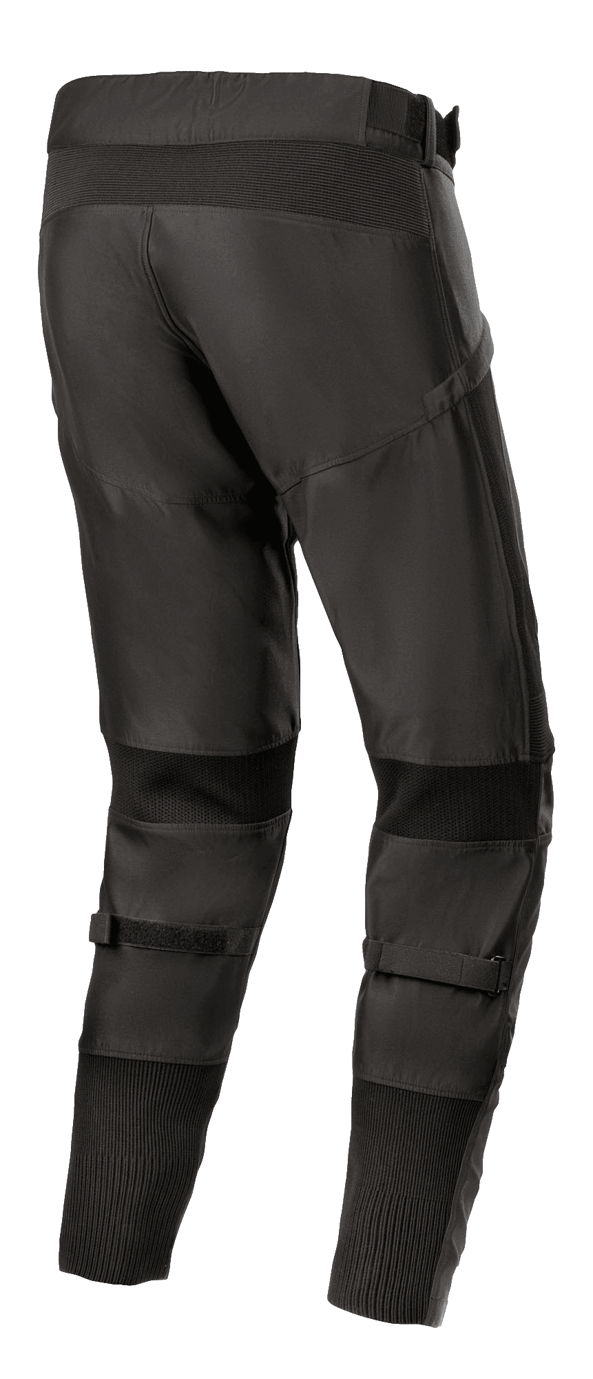Pantalones Alpinestars T SP-5 Rideknit®, pantalones textiles para moto, color negro, vista trasera que resalta el perfil alto en la espalda y el ajuste entallado, con paneles elásticos de tecnología de punto detrás de las rodillas y en los tobillos, correas ajustables en la pantorrilla, equipamiento de alto rendimiento para carretera