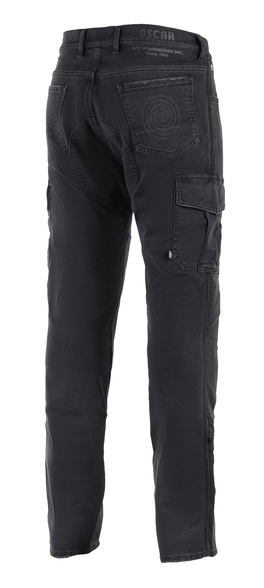 Alpinestars Barton Riding Cargo Pants, pantalones de moto negros, vista trasera que muestra el bolsillo cargo en el lateral, bolsillos traseros con detalle de logotipo en espiral, marca Oscar by Alpinestars en la cintura, tejido de punto de estilo denim informal.