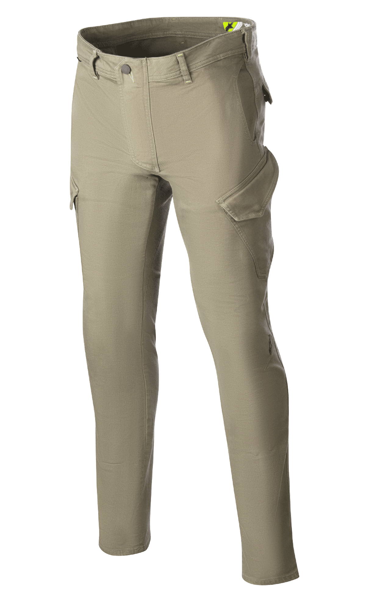 Alpinestars Caliber Slim Fit Tech Riding Pants, pantalones de moto, verde militar, silueta de ajuste delgado con bolsillos cargo estilo combate, tejido de denim Cordura elástico, pasadores para cinturón y diseño funcional para conducción urbana y en carretera