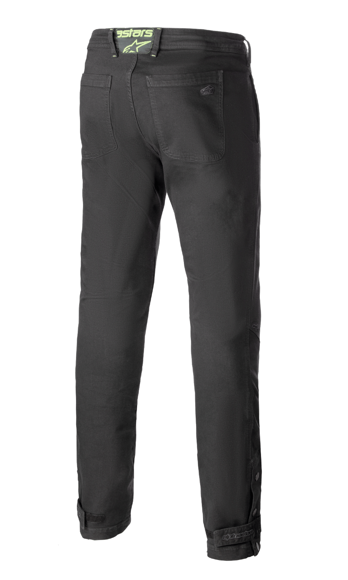 Alpinestars Stratos Regular Fit Tech Riding Pants, pantalones de motociclismo, gris antracita, vista trasera con ajuste entallado, bolsillos traseros, logo de Alpinestars en verde neón en la cintura y cierres ajustables en la pantorrilla