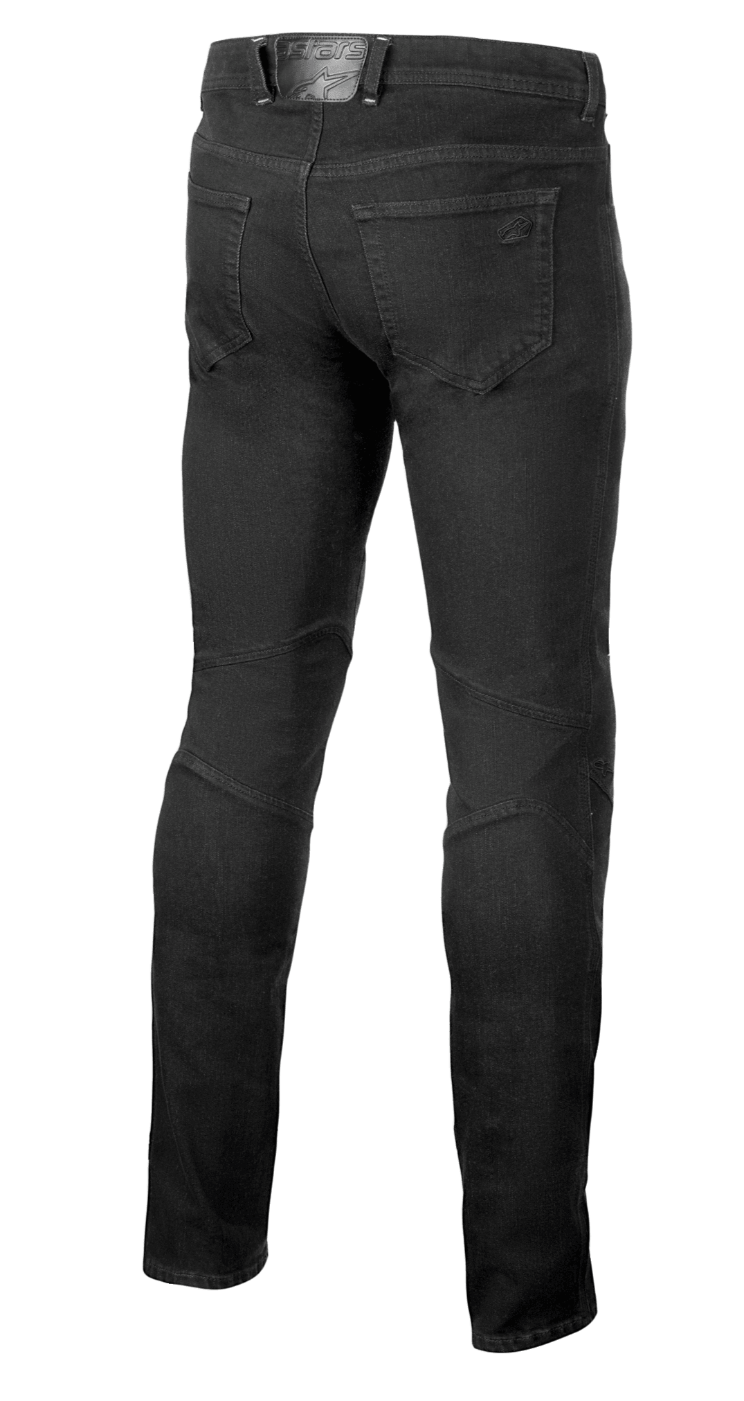 Pantalones vaqueros Alpinestars Radium V2, vaqueros para motociclismo, color Black Rinse, vista trasera que muestra el diseño de cinco bolsillos, marca tonal en el bolsillo trasero y parche en la cintura, y costuras técnicas en la parte posterior de las rodillas para un corte cónico
