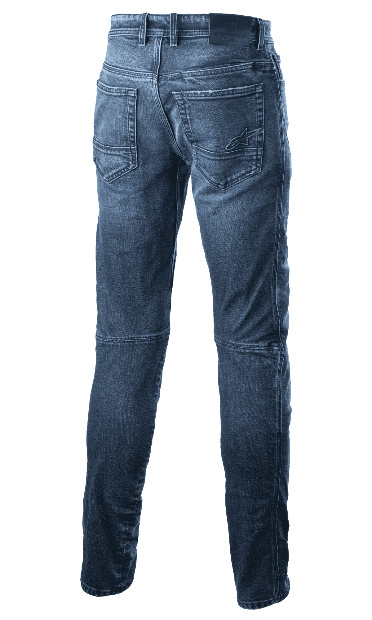 Alpinestars Argon Slim Fit Denim Pants, vaqueros de moto, azul medio, vista trasera que muestra los bolsillos con el logotipo de la estrella bordado, silueta de corte ajustado y confección en denim técnico para conducción urbana