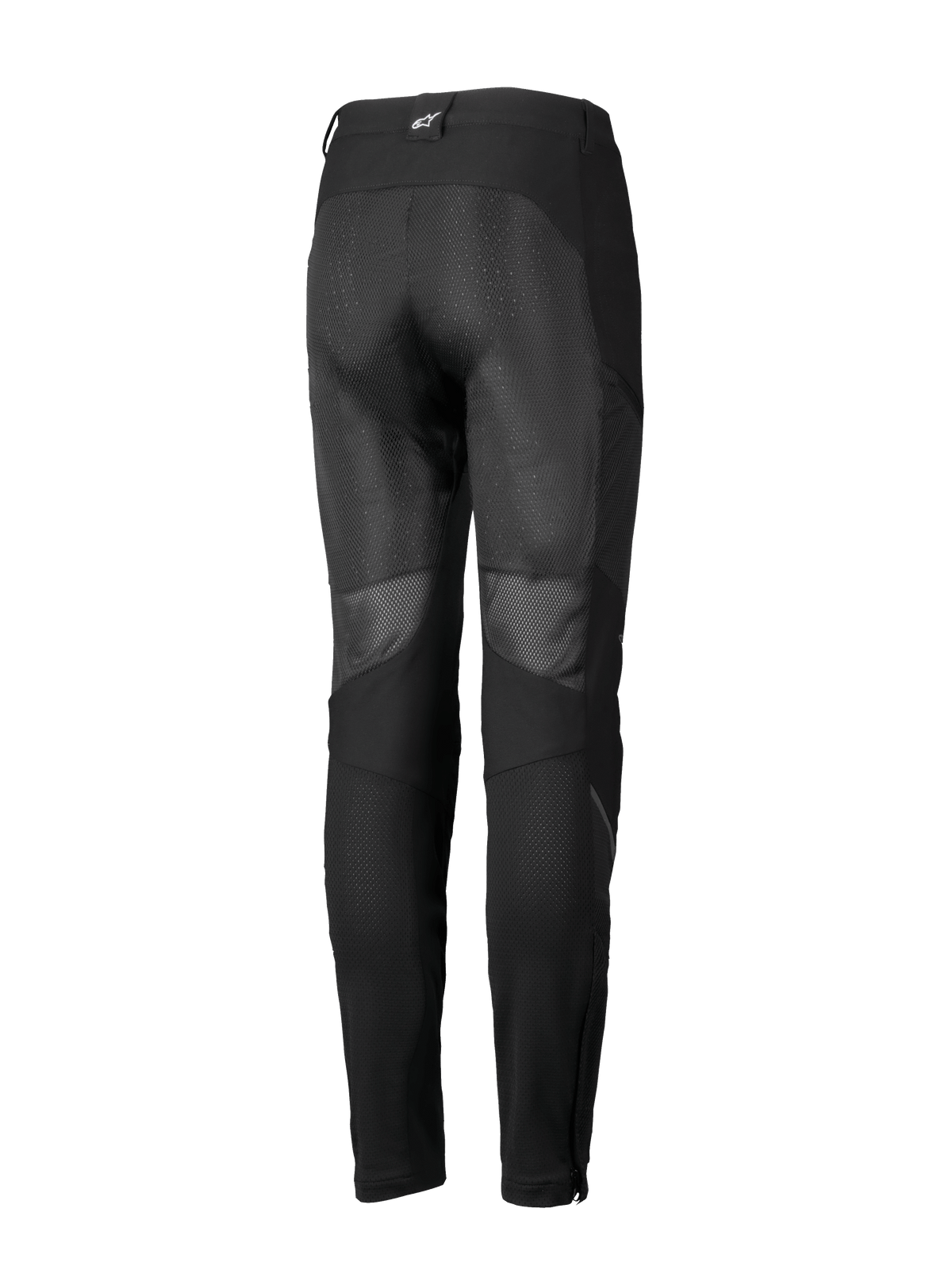Alpinestars Stella Troop-Air Pants, pantalones de moto para mujer, negros, vista trasera con amplios paneles de ventilación de malla en la parte posterior de las piernas, confección textil y un pequeño logotipo blanco en la trabilla trasera.