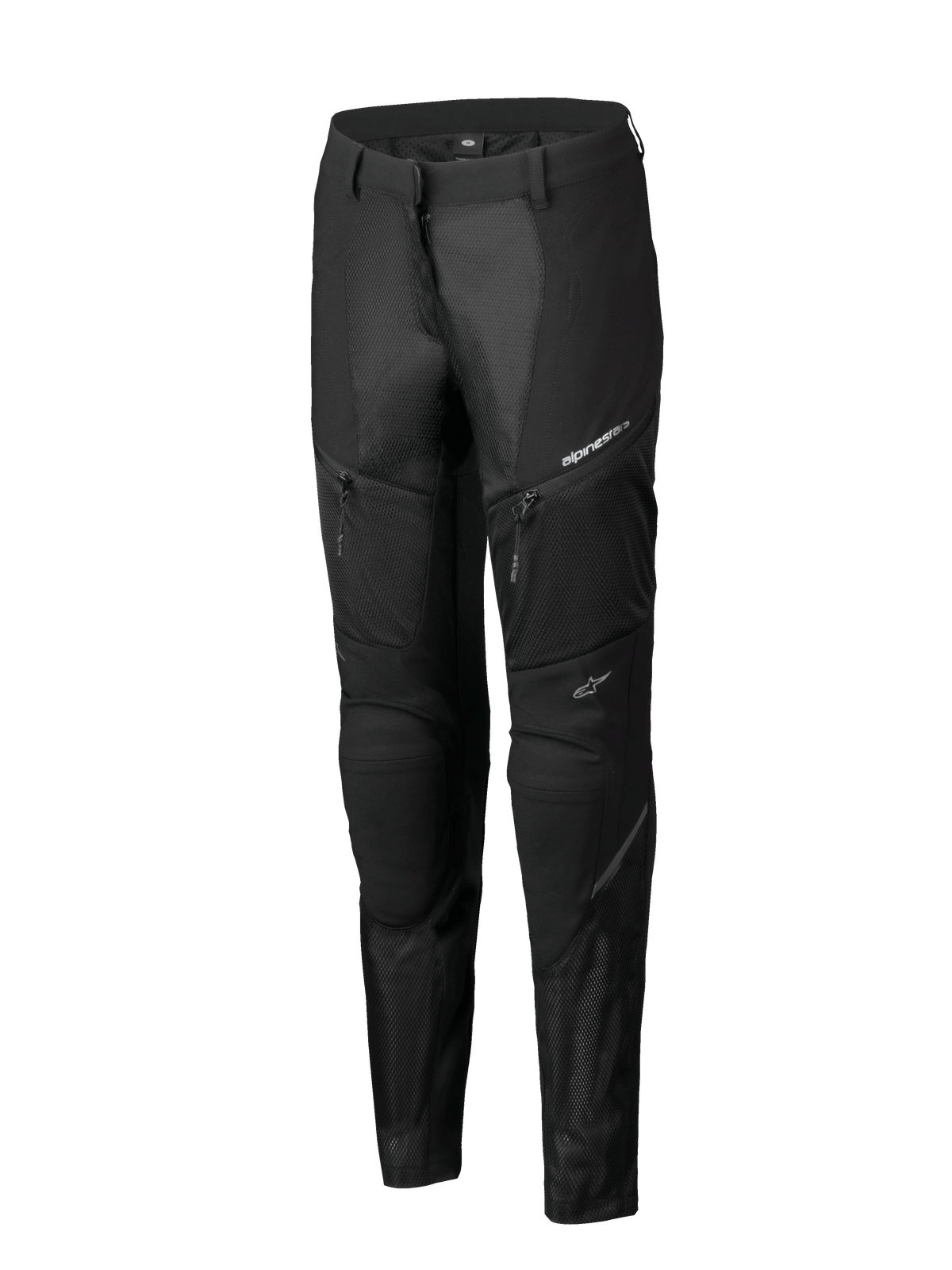 Pantalones Alpinestars Stella Troop-Air, pantalones de moto para mujer, negros, con amplios paneles de ventilación de malla, bolsillos con cremallera y diseño técnico de ajuste deportivo con logotipos blancos de Alpinestars