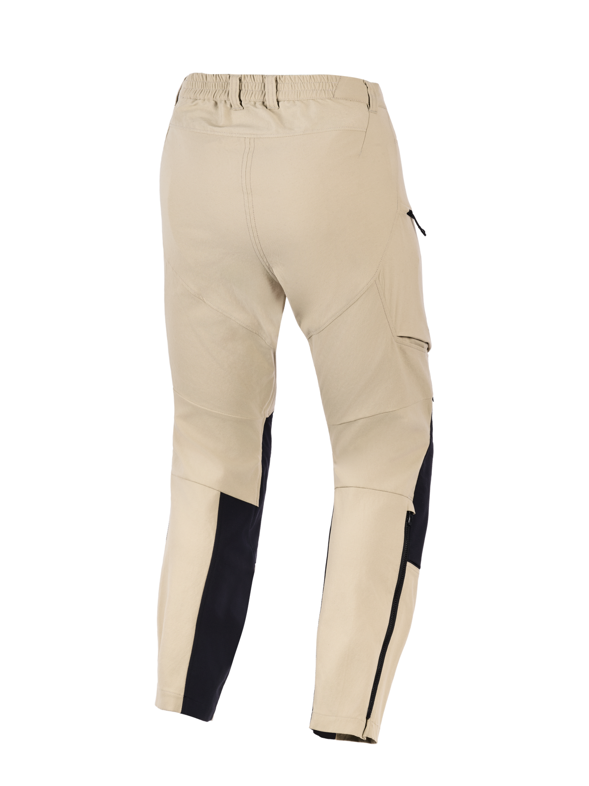 Alpinestars Woman Stella Flex-AST Explorer Pants, Women's Motorcycle Adventure Pants, Sand and Black, rear view featuring elasticated waistband, side cargo pockets, and reinforced lower leg panels with zippers, designed for warm-weather riding