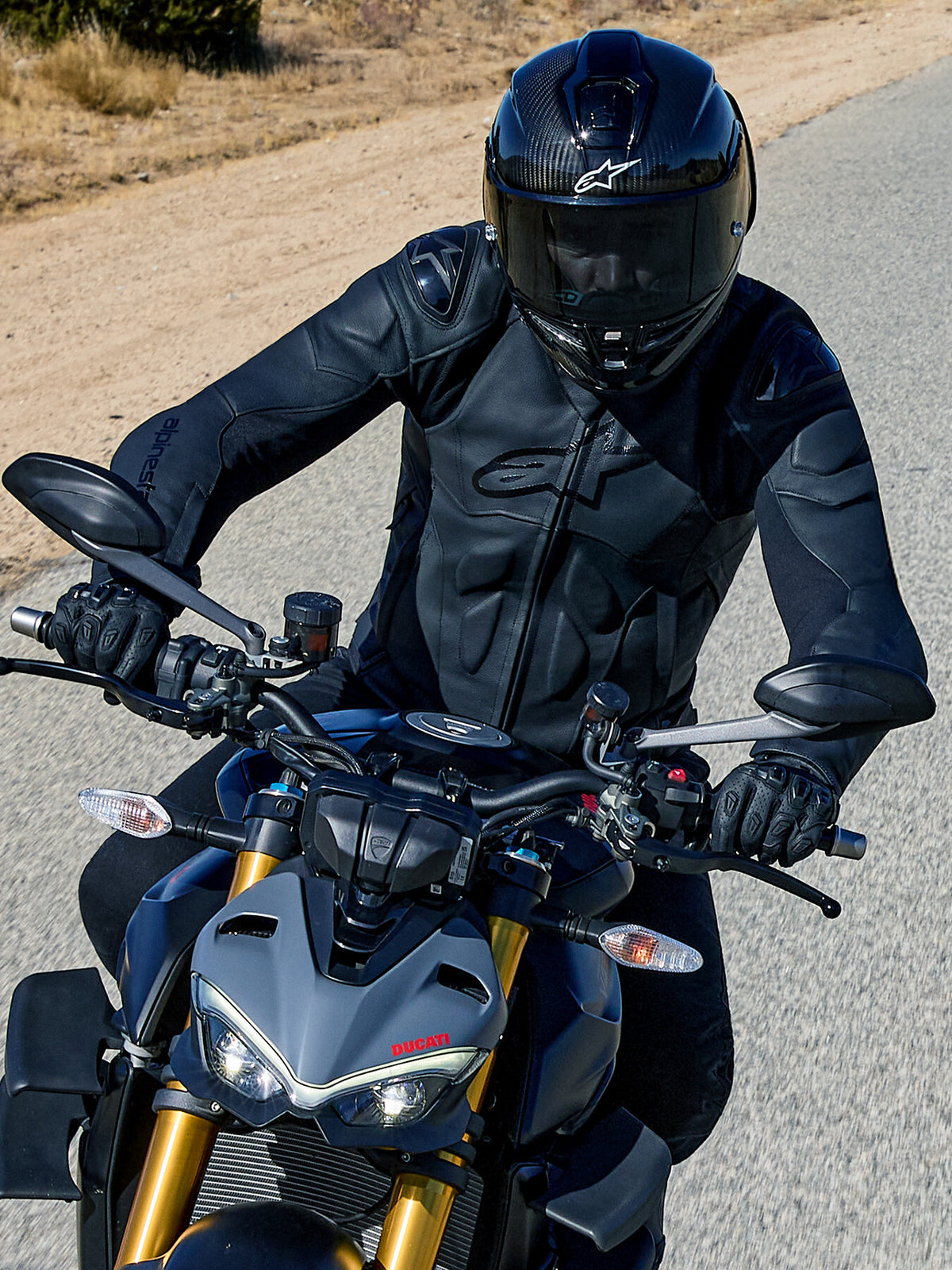 Alpinestars chaqueta de cuero Dusk, chaqueta de moto para carretera con protectores de hombros, para hombre, negra, de cuero, conduciendo una Ducati gris