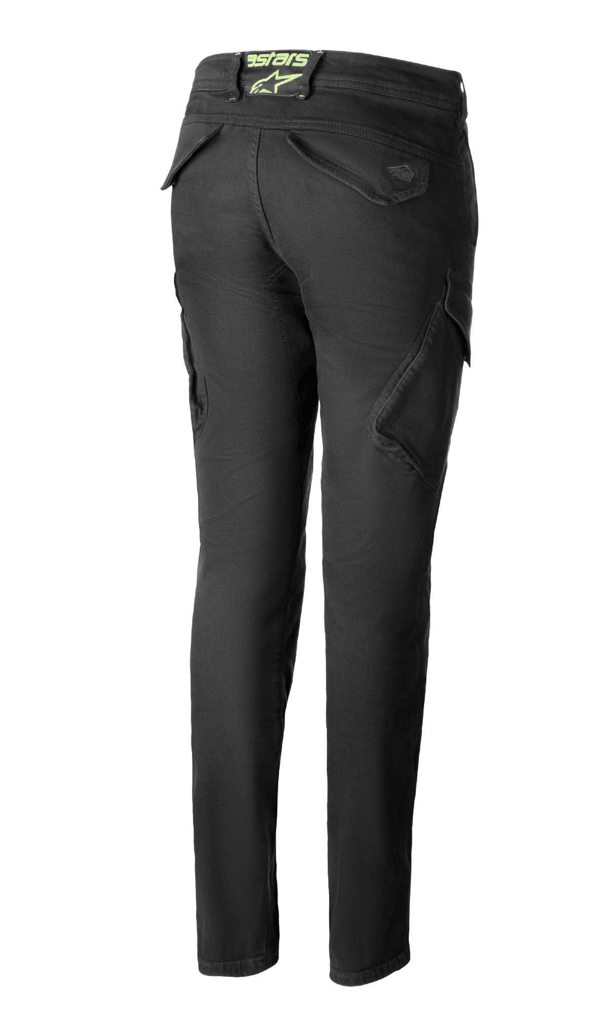 Alpinestars Caliber Women's Tech Riding Denim en Antracita, vista trasera, pantalones estilo combate de corte ajustado con bolsillos cargo funcionales y un logotipo astars verde lima en la parte posterior de la cintura.