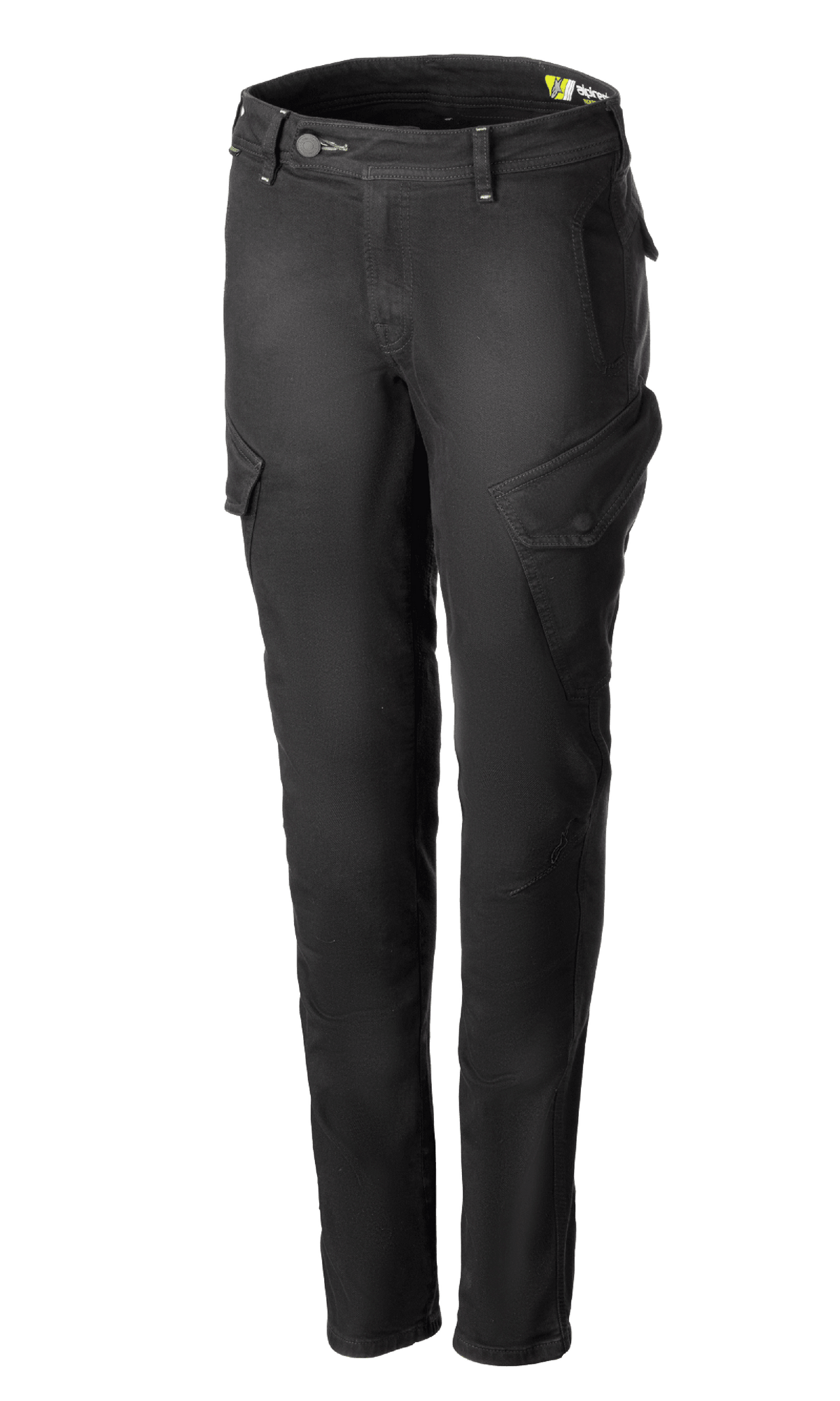 Alpinestars Caliber Women's Tech Riding Denim, pantalones cargo de moto para mujer, gris antracita, silueta ajustada con bolsillos laterales de solapa en ángulo, trabillas para cinturón y cierre de botón y cremallera, denim Cordura elástico duradero, equipamiento protector para conducción urbana.
