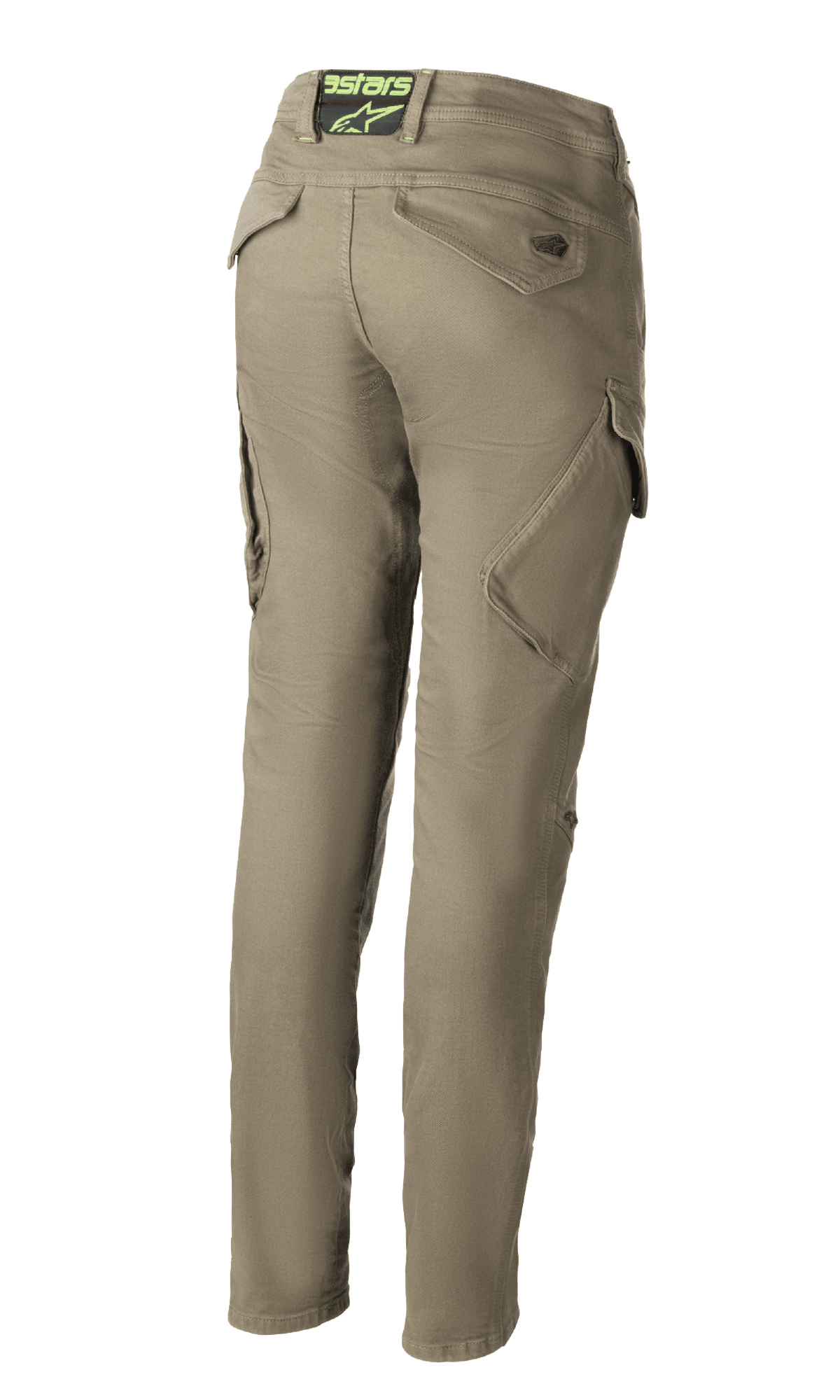 Alpinestars Caliber Women's Tech Riding Denim, pantalones de moto para mujer en verde militar, vista posterior que muestra el diseño de combate de corte ajustado con bolsillos de carga angulados, logo Astars en la parte trasera de la cintura, tejido Cordura duradero.