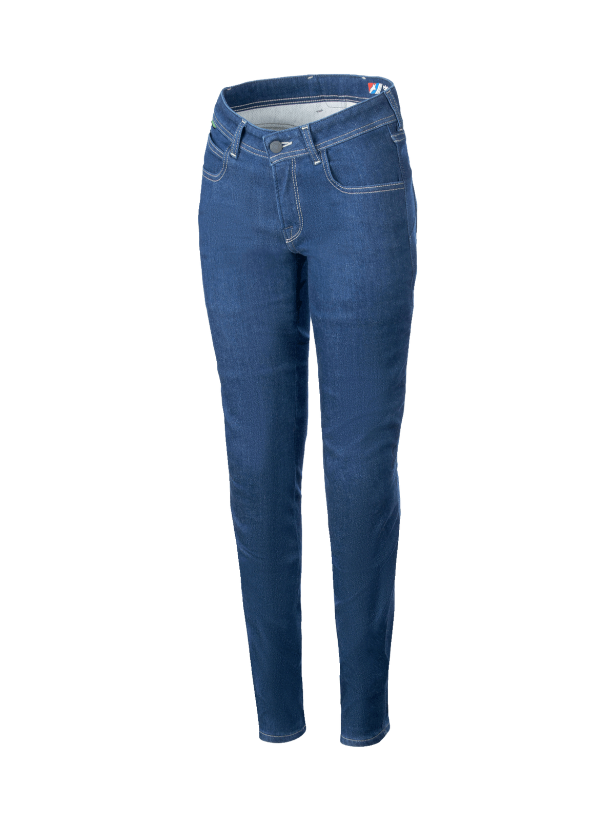 Alpinestars Daisy V3, denim de moto para mujer, azul, ajuste slim, protección CE y refuerzos de aramida