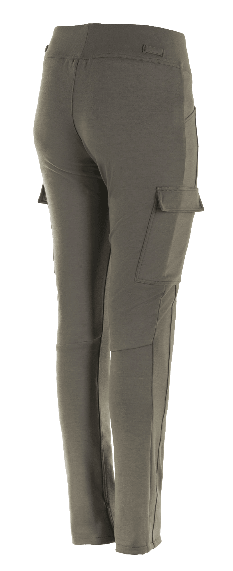 Leggings Iria de Alpinestars para mujer, verde militar, vista trasera de tres cuartos, con bolsillo tipo cargo en el muslo con cierre de solapa, diseño de corte ajustado con perfil anatómico, confección textil para conducción urbana en motocicleta