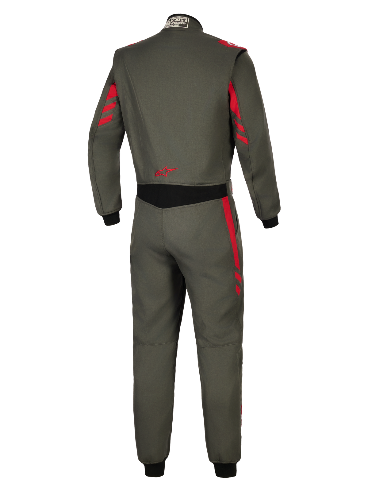Alpinestars GP Race V3 Suit FIA, mono de automovilismo, Antracita Rojo, vista posterior con tejido gris oscuro y acentos de rayas rojas en hombros y mangas, panel elástico negro en la cintura, logo de estrella roja en la parte baja de la espalda, protección profesional para automovilismo