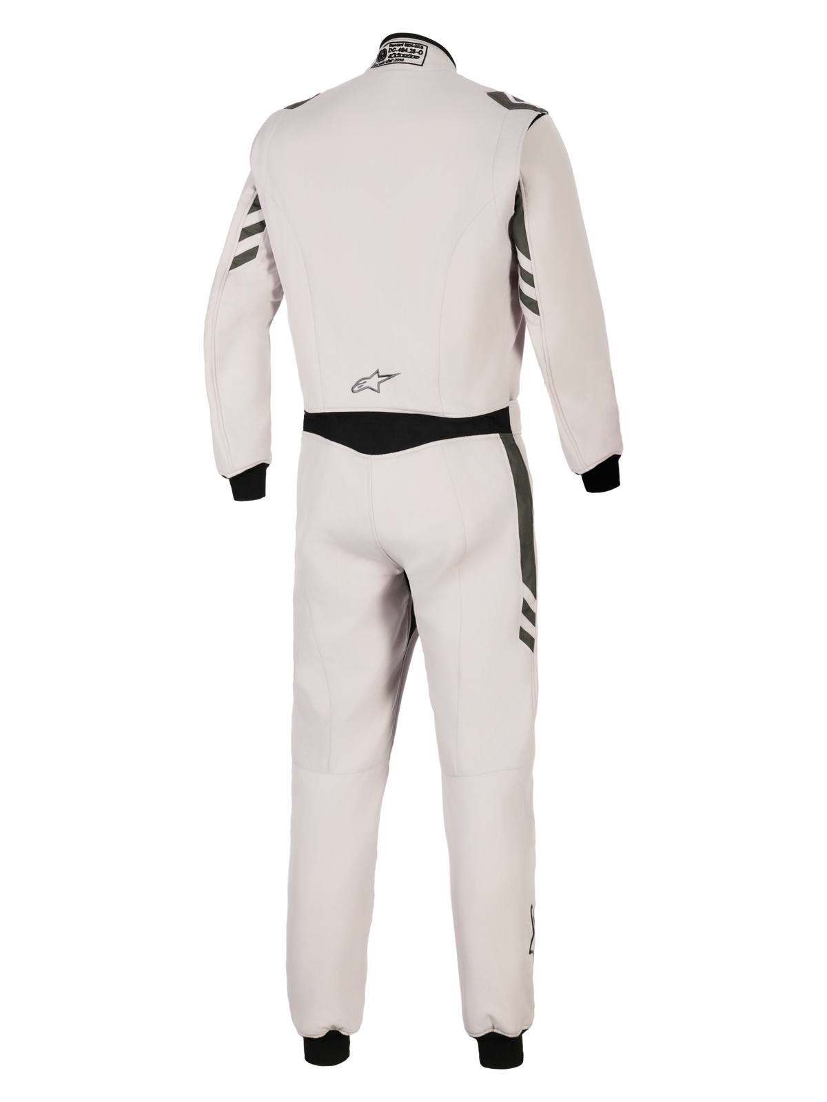 Alpinestars GP Race V3 Suit FIA, vista posterior del mono de automovilismo de una pieza en color plata antracita, cuerpo gris claro con detalles en antracita oscuro en mangas y piernas, puños acanalados negros, equipo de protección profesional para automovilismo