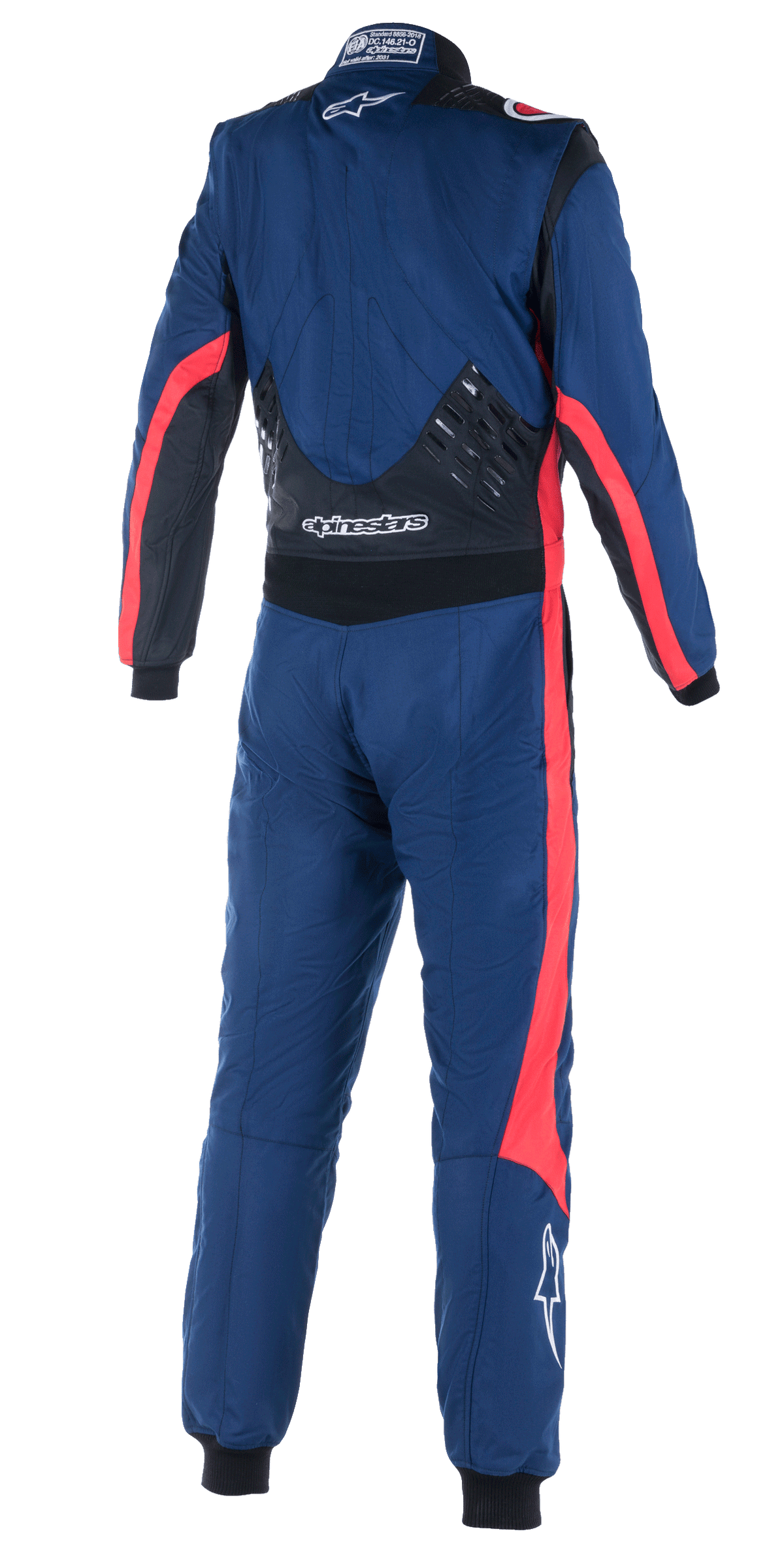Alpinestars GP Pro Comp V2 FIA Suit, vista posterior de mono de automovilismo de una sola pieza, azul marino con detalles en negro y rojo, con paneles de agarre de silicona en la parte inferior de la espalda, franjas de competición rojas en mangas y piernas, y marca Alpinestars en blanco, equipamiento de rendimiento profesional