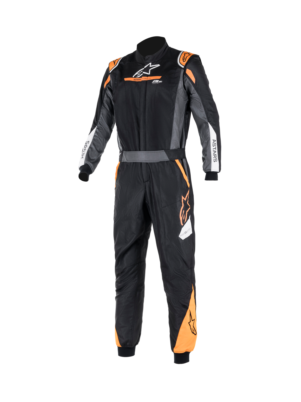 Alpinestars Atom Graphic Suit, traje de automovilismo de una pieza FIA en negro, antracita y naranja flúor, vista frontal que muestra la confección en aramida ignífuga, cintura con cinturón y marca ASTARS.