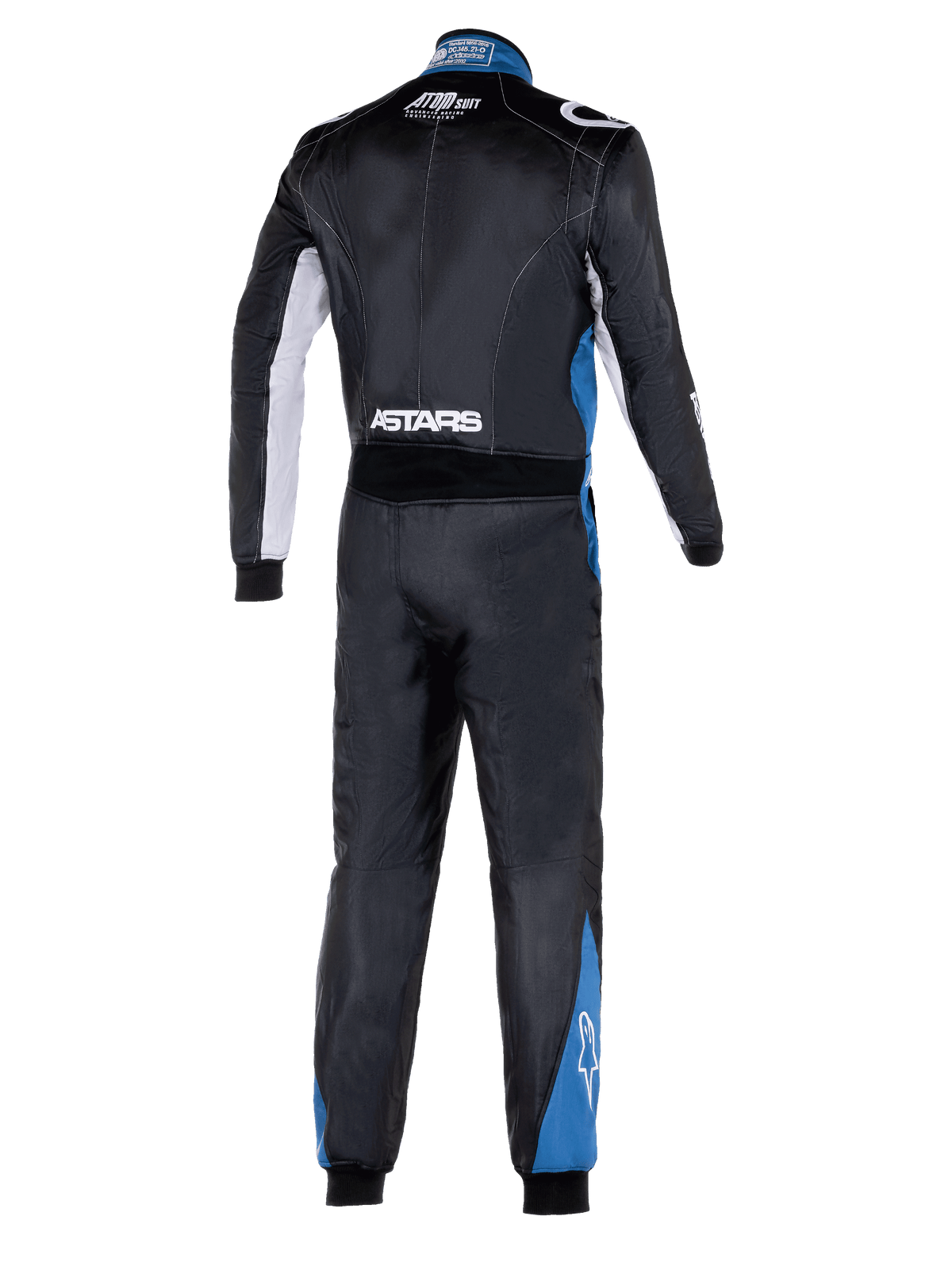 Alpinestars Atom Graphic 4 Suit, vista trasera de cuerpo completo de mono de automovilismo, negro con detalles plateados y azules, con el logotipo blanco de ASTARS en la cintura y paneles azules en las piernas, ropa de protección profesional para automovilismo con certificación FIA
