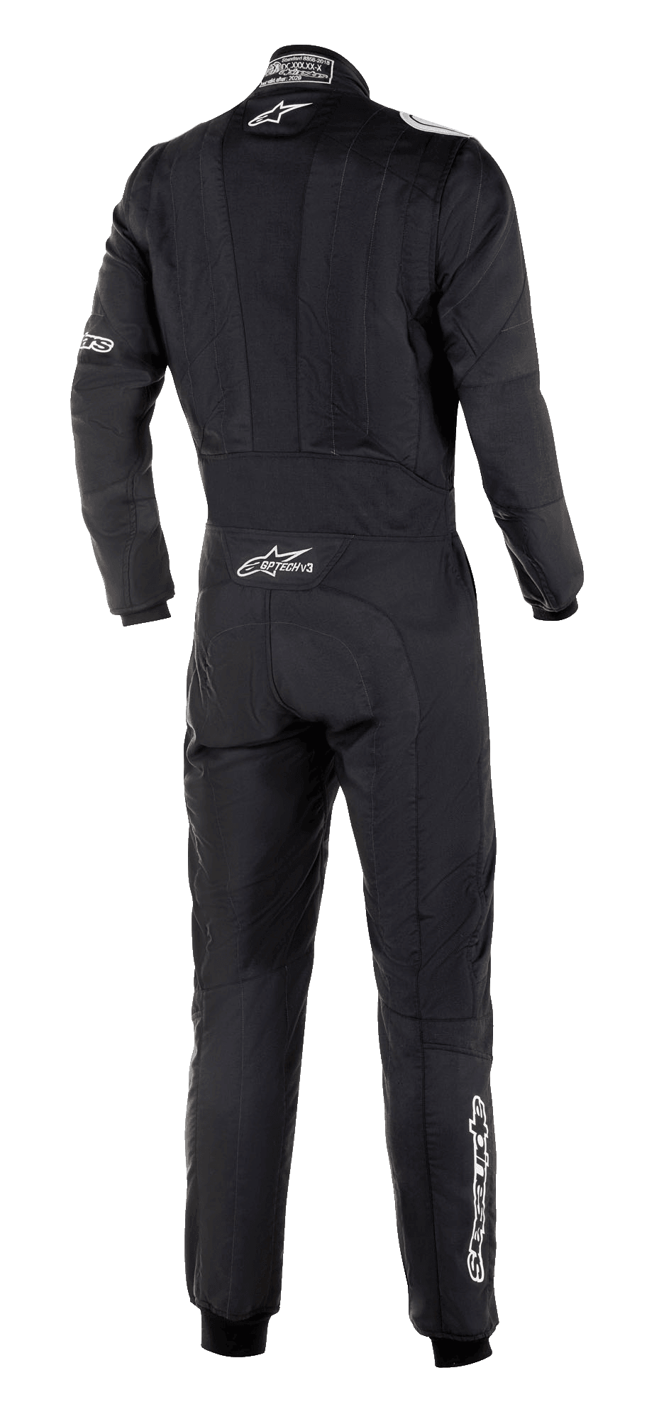 Alpinestars Mono GP Tech V3 FIA, vista trasera del traje de automovilismo negro, logotipo blanco de Alpinestars y marca GP Tech V3 en la parte baja de la espalda, equipamiento profesional con paneles elásticos y ajuste atlético