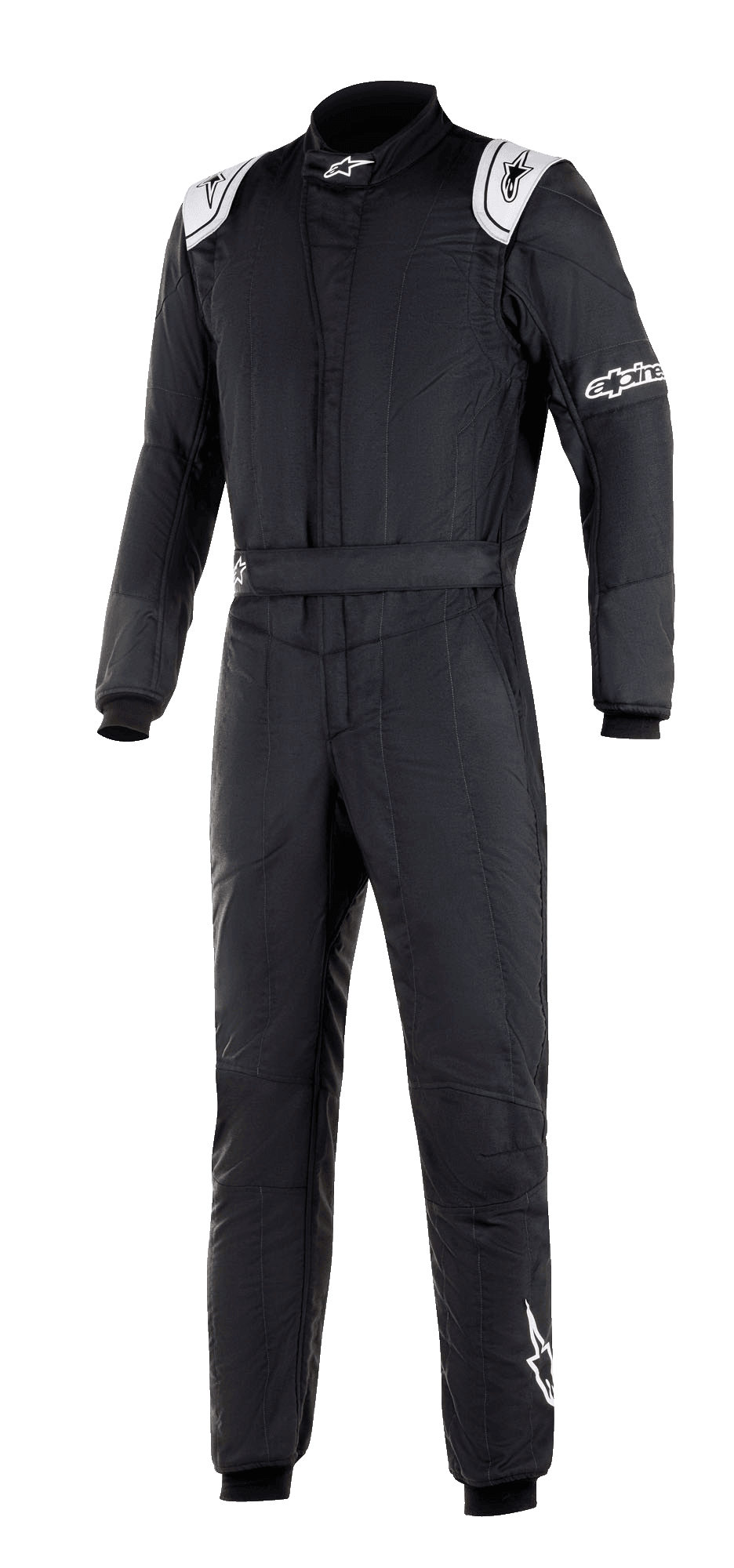 Alpinestars GP Tech V3 Suit FIA, mono de automovilismo negro con paneles blancos en los hombros con logotipos, cuello alto y marca Alpinestars en la manga y la pierna, equipamiento profesional de automovilismo con un diseño técnico de paneles