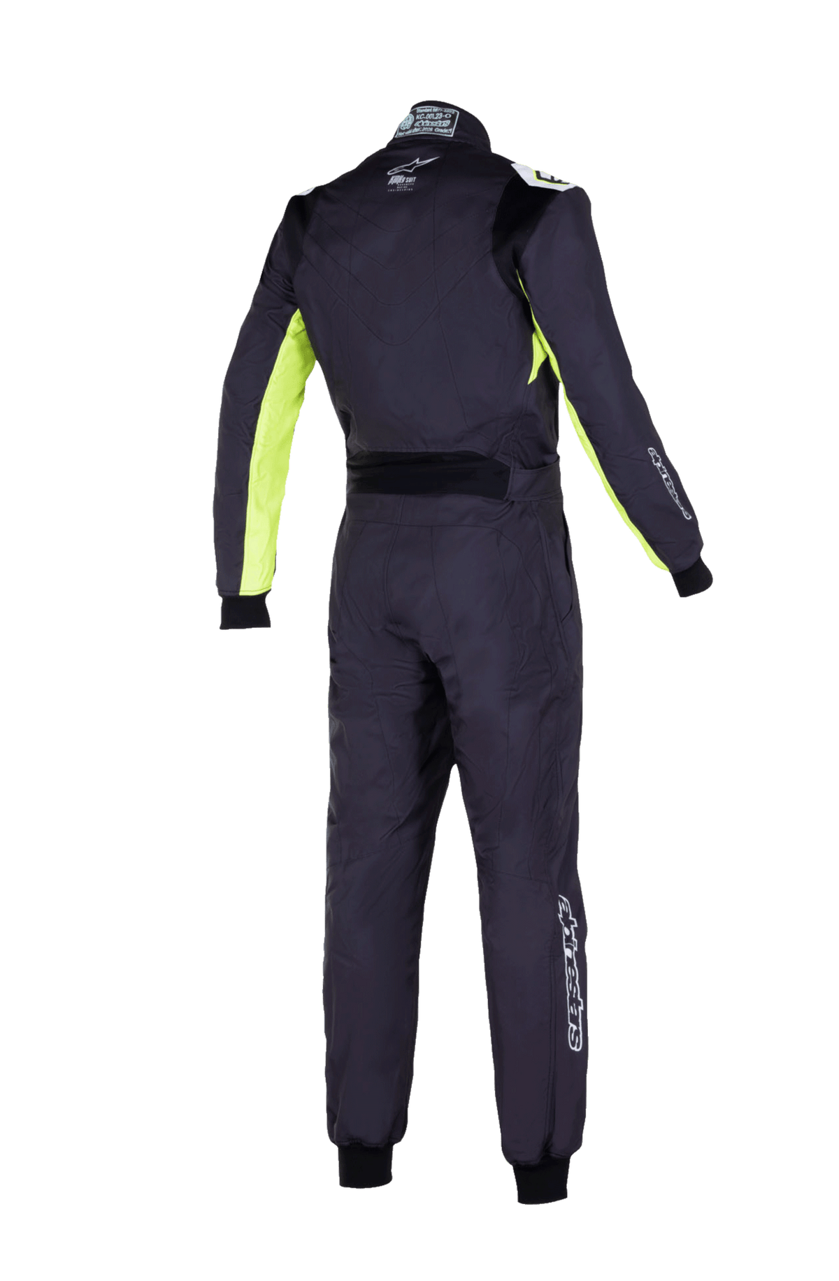 Alpinestars Youth KMX-9 V3 Suit Graphic 3, mono de karting juvenil, negro y amarillo flúor, vista trasera de un mono de carreras de una pieza con paneles elásticos en la espalda y los hombros, detalles en amarillo flúor en el interior de los brazos y logotipos de Alpinestars en el cuello y la parte inferior de la pierna