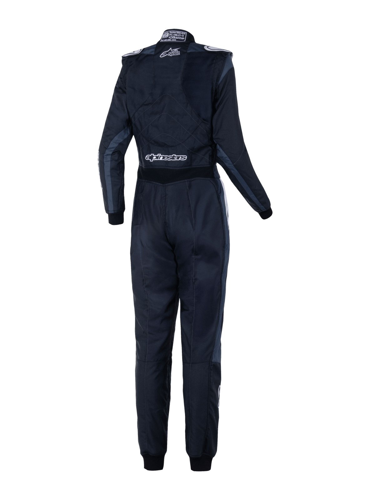 Mono Alpinestars Stella GP Pro Comp V2 para mujer - FIA, vista trasera, color negro asphalt y blanco, con logotipos blancos de Stella y Alpinestars, traje de automovilismo profesional con charreteras y paneles anatómicos para mujer