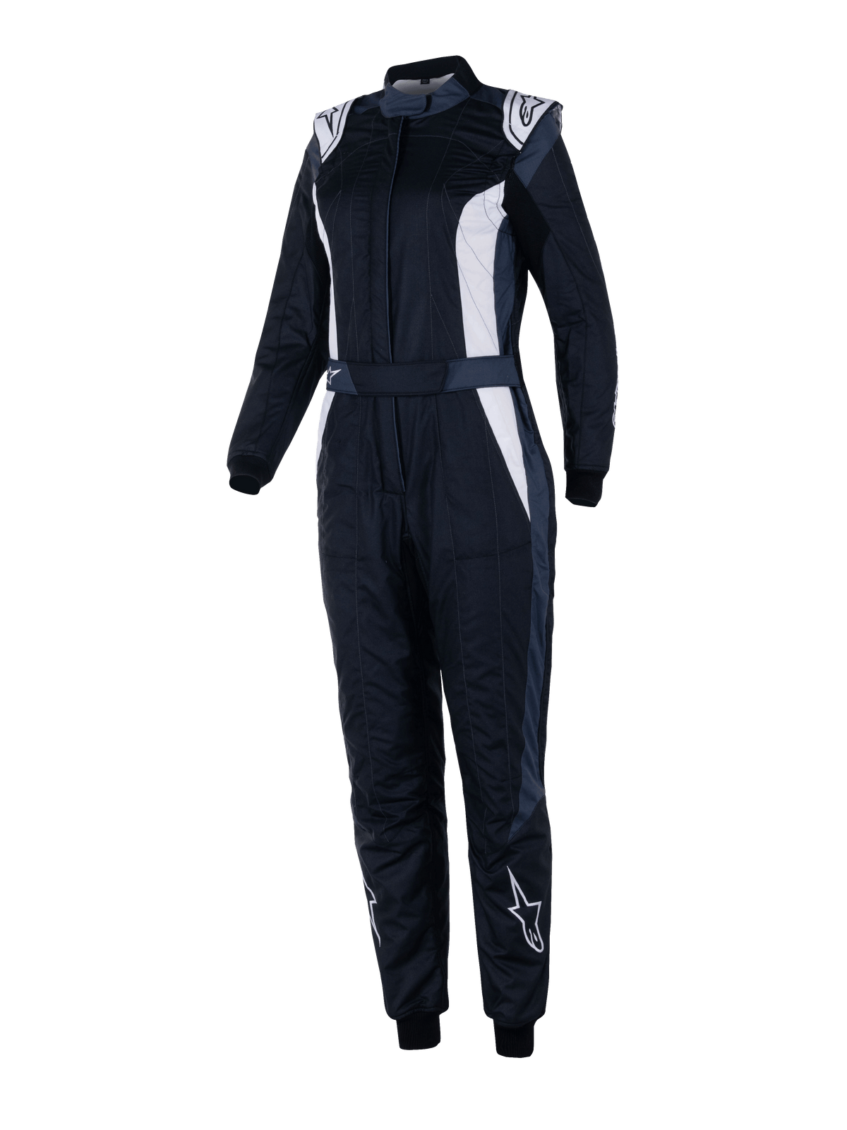 Alpinestars Stella GP Pro Comp V2 Suit, mono de carreras FIA para mujer, negro asfalto y blanco, manga larga con cuello alto, logotipos blancos en hombros y espinillas, cinturón ajustable en la cintura, puños elásticos y diseño aerodinámico para automovilismo profesional