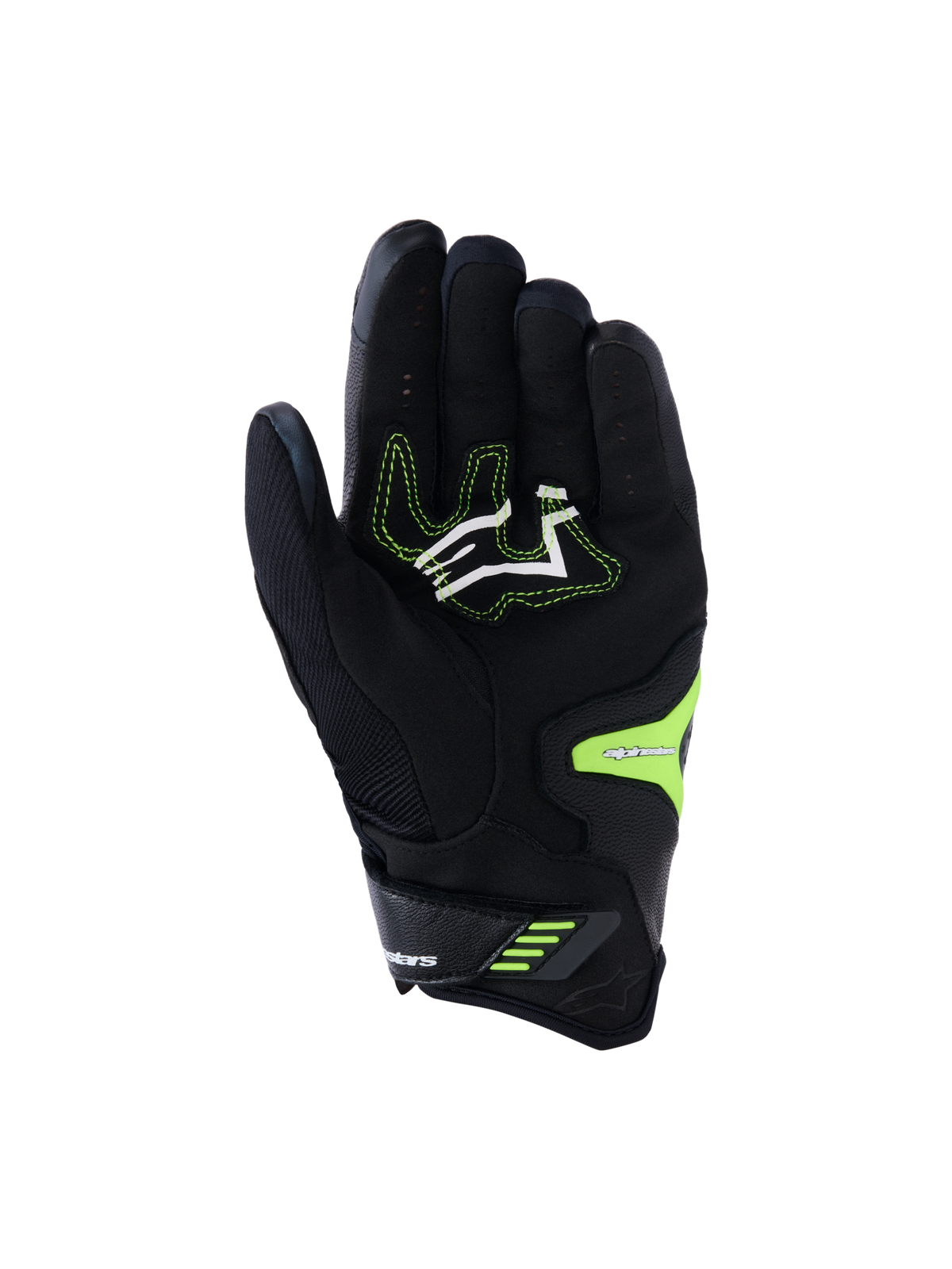 Guantes Alpinestars SP-R Pro, negro y amarillo flúor, vista de la palma con zonas de agarre de cuero sintético reforzado, logotipo blanco con costuras en amarillo neón y cierre de muñeca seguro, diseñados para el rendimiento deportivo en moto