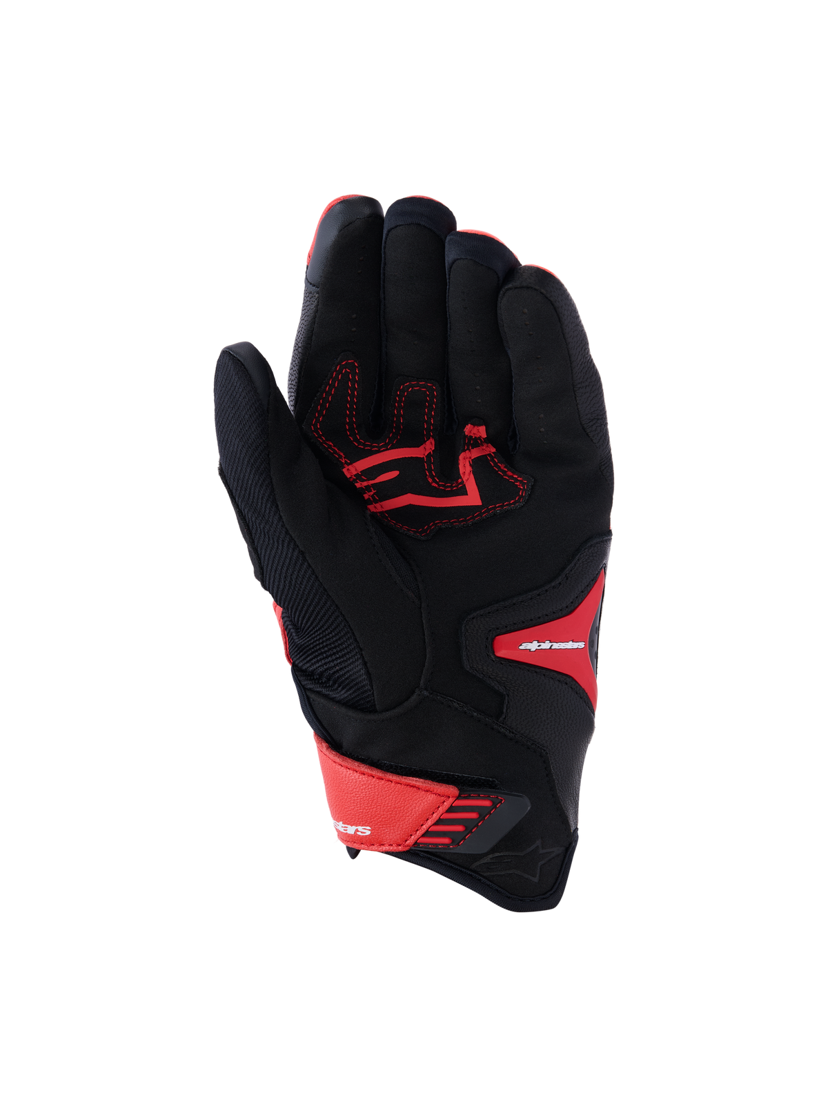 Guantes Alpinestars SP-R Pro, guantes deportivos para moto, color rojo brillante, rojo flúor y negro, vista de la palma que muestra el refuerzo de cuero con costuras rojas en contraste, chasis textil y cierre de muñeca ajustable.