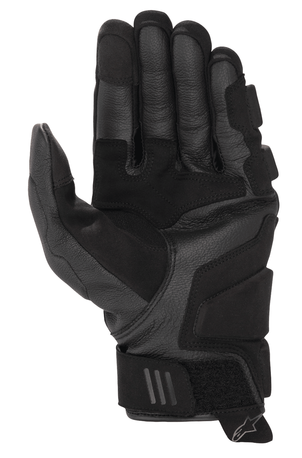 Guantes Alpinestars Phenom Leather, guantes de moto, negro, vista de la palma con construcción de cuero de cabra reforzado, zonas de aterrizaje acolchadas y diseño de puño corto con correa ajustable en la muñeca y tirador con el logo de Alpinestars