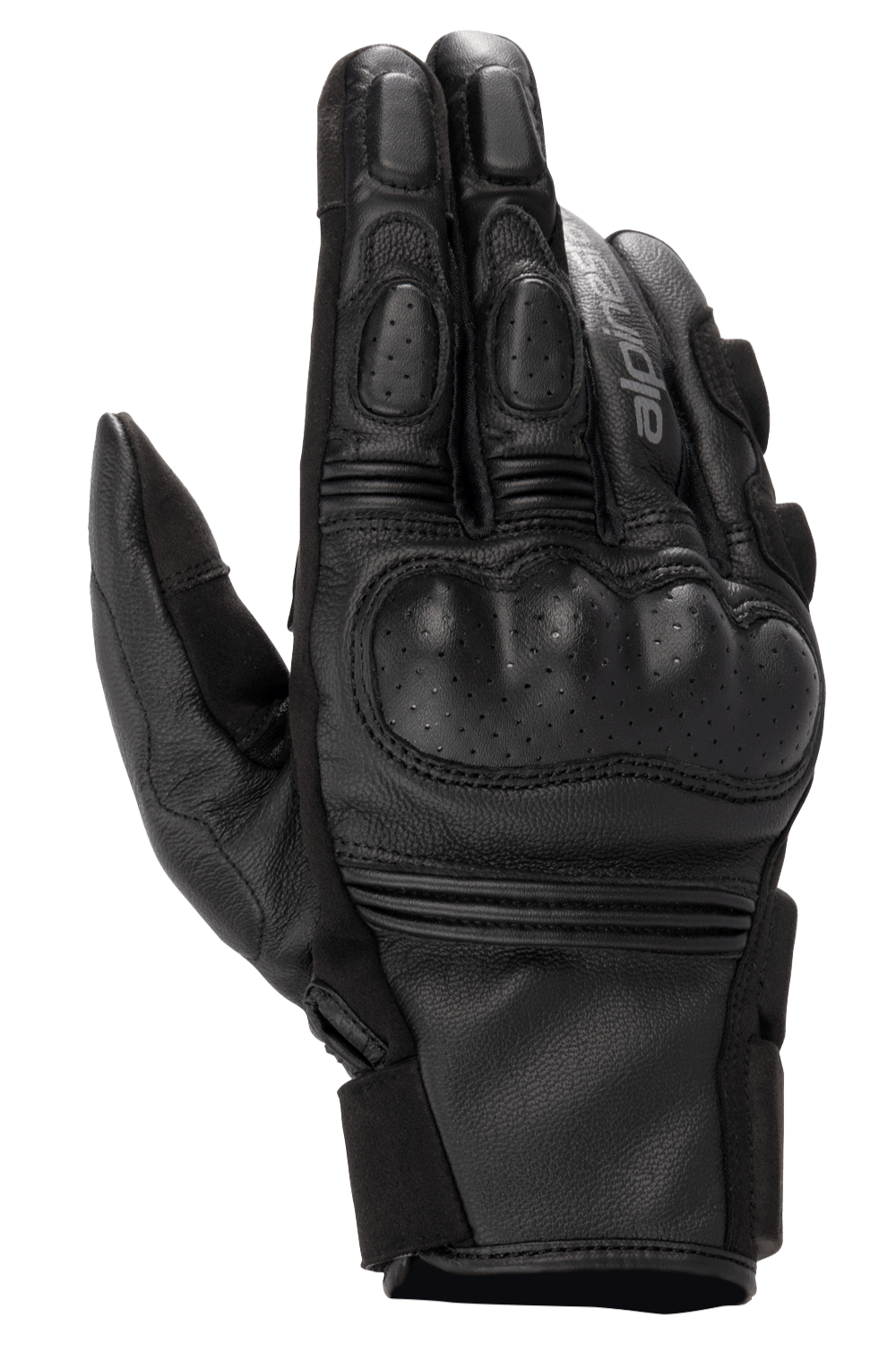 Alpinestars Phenom Leather Gloves, guantes de cuero para moto, color negro, vista superior que muestra la protección rígida perforada en los nudillos, dedos reforzados, inserciones elásticas de acordeón y construcción en piel de cabra de primera calidad.