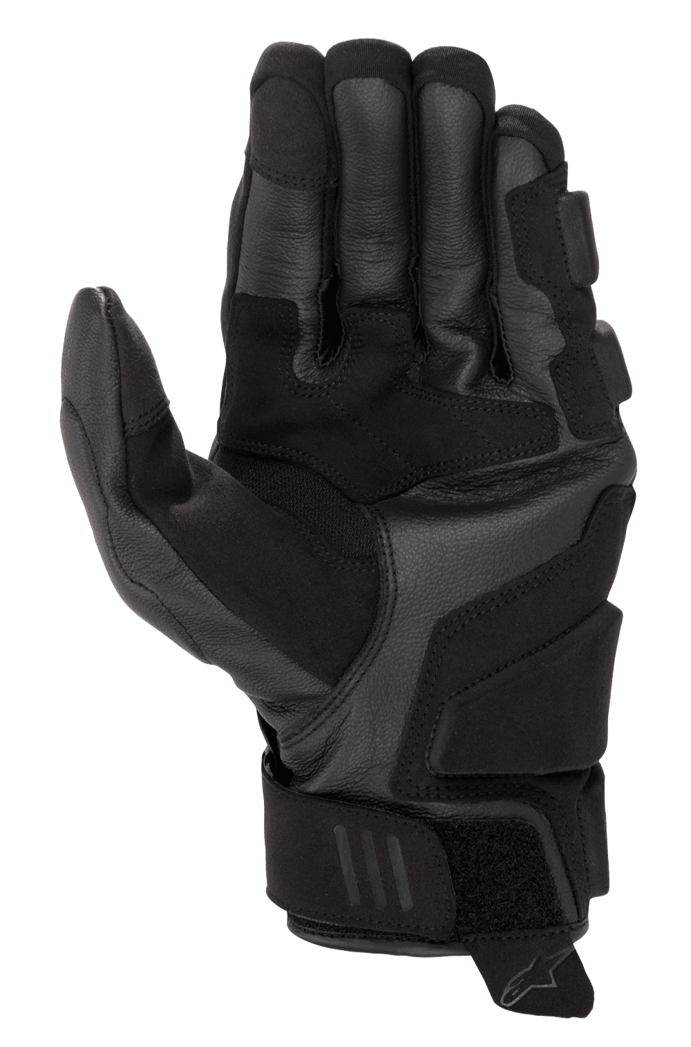 Guantes de cuero Alpinestars Phenom, guantes de moto, negros, vista de la palma y lateral que muestra la construcción en cuero de cabra premium, zonas de aterrizaje y lateral de la mano reforzadas, puño corto con cierre de velcro, puntas de los dedos compatibles con pantallas táctiles, equipamiento de alto rendimiento deportivo