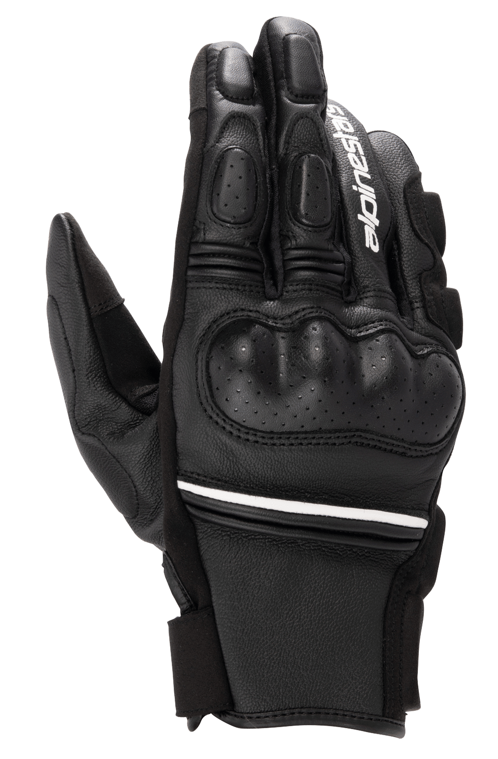 Alpinestars Phenom Leather Gloves, negros y blancos, guantes de moto de puño corto con protección rígida en los nudillos, detalles de cuero perforado, logotipo de Alpinestars en blanco en el dedo índice y detalle de franja blanca en la muñeca
