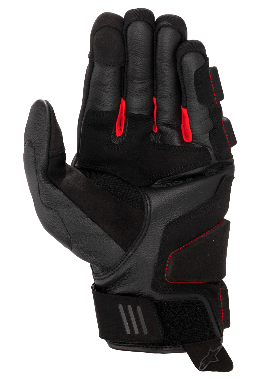 Guantes de cuero Alpinestars Phenom, guantes de moto, negro y rojo brillante, vista de la palma que muestra el cuero de cabra premium, tejido rojo entre los dedos, zonas de impacto reforzadas y cierre de velcro ajustable en la muñeca