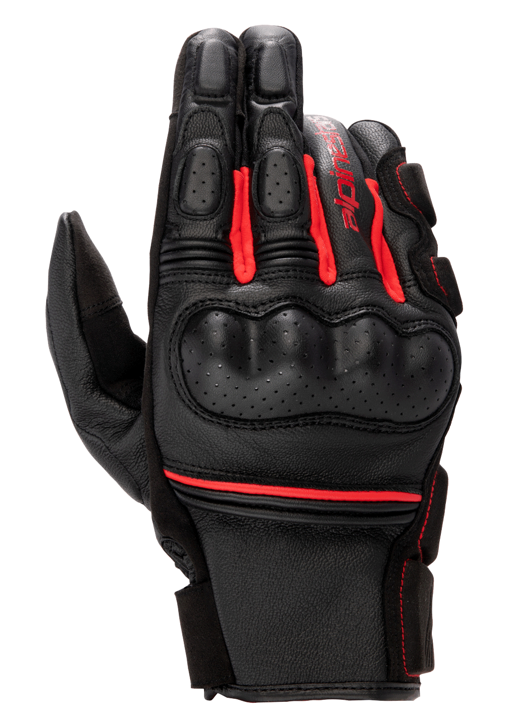 Alpinestars Phenom Leather Gloves, guantes de moto para carreras, negros y rojo brillante, protector de nudillos duro perforado, construcción en cuero de cabra de primera calidad, inserciones elásticas de acordeón rojas y logotipo de Alpinestars en el lateral