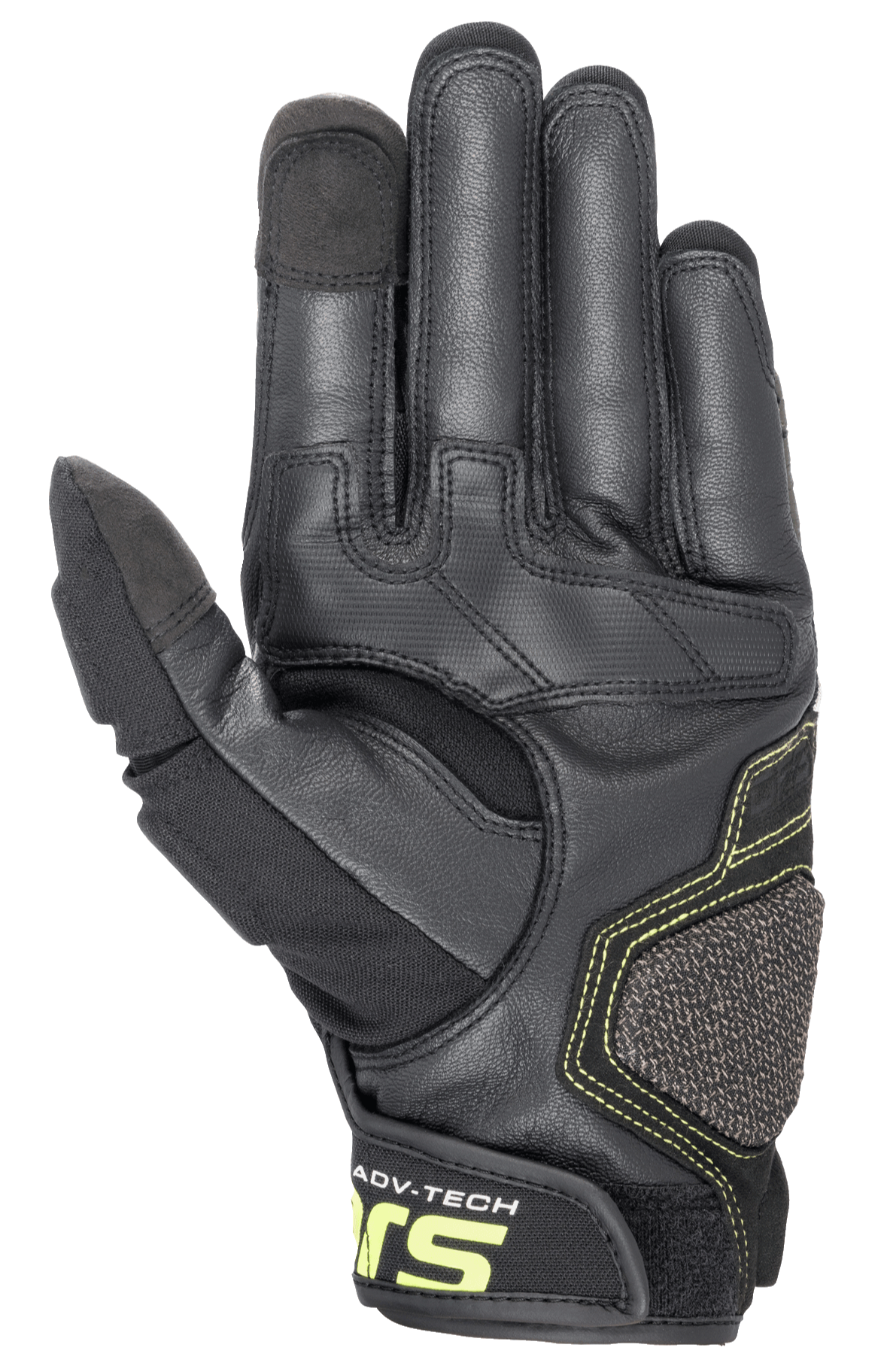 Guantes de cuero Alpinestars Halo, guantes de moto de aventura, color negro bosque y amarillo flúor, vista de la palma que muestra la construcción de cuero reforzado, costuras en amarillo fluorescente y puntas de los dedos índice y pulgar compatibles con pantallas táctiles.