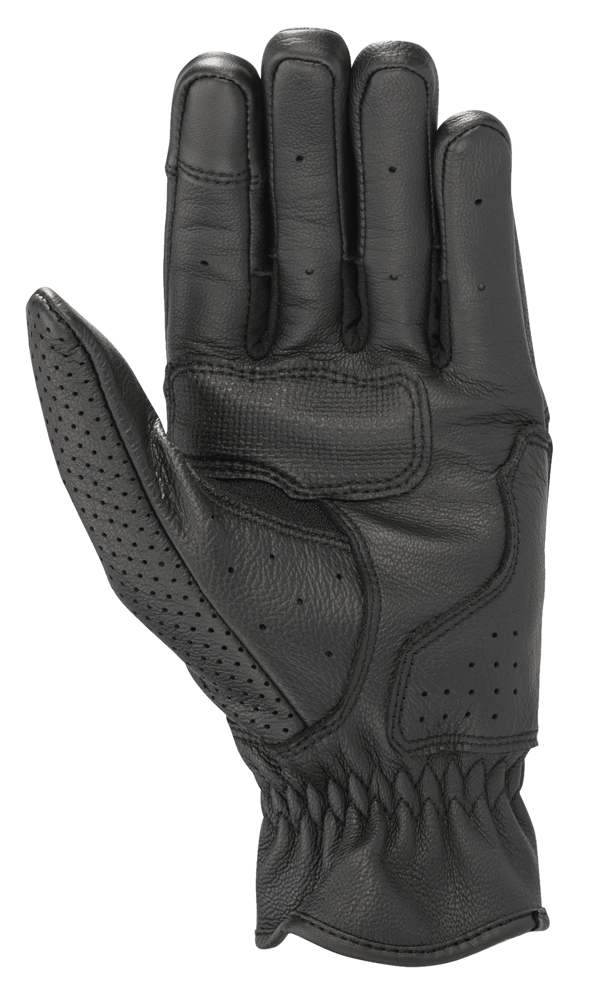 Guantes de cuero Alpinestars Rayburn V2, color negro, vista de la palma, construcción en cuero premium con refuerzo en la palma para mayor agarre, perforaciones localizadas en los dedos y el pulgar, guantes de moto urbanos de estilo clásico