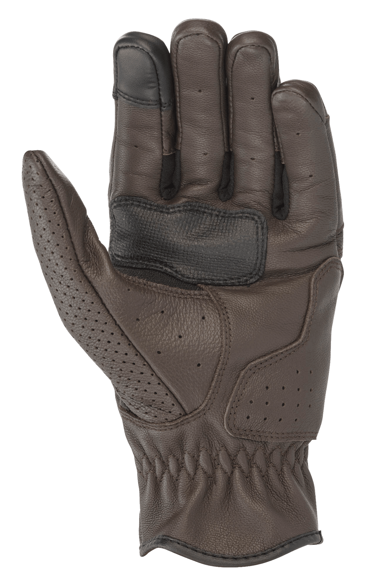 Guantes de cuero Alpinestars Rayburn V2, color marrón tabaco, vista de la palma, construcción de cuero premium con perforaciones localizadas, palma reforzada para agarre y punta del dedo compatible con pantallas táctiles, equipamiento urbano para motocicleta de estilo clásico