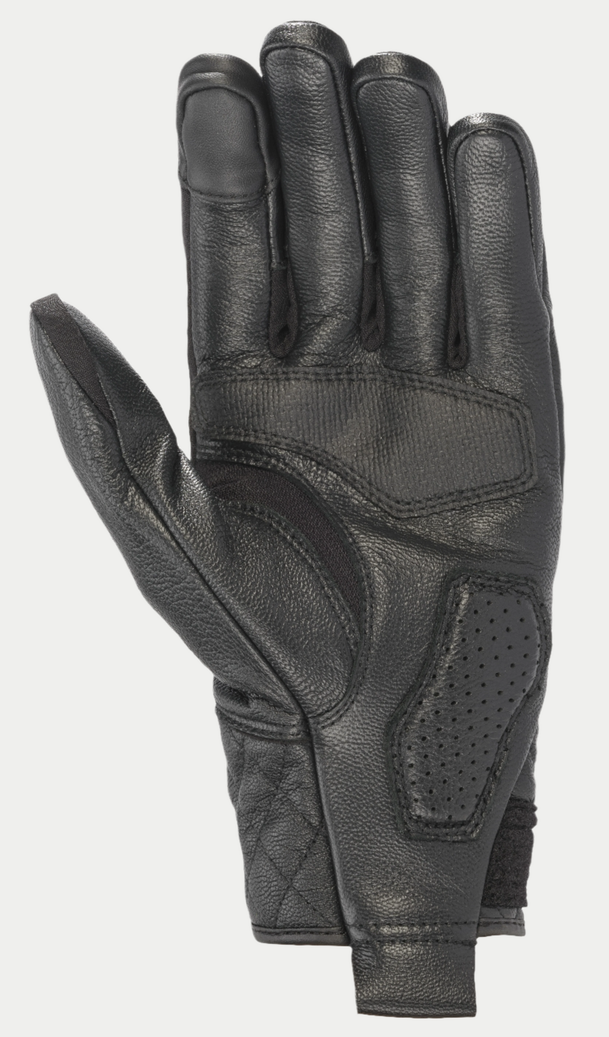 Guantes Alpinestars Brass Lt, guantes de moto negros, vista de la palma que muestra su construcción en cuero premium con paneles de agarre reforzados, acolchado perforado y detalles acolchados para una estética de inspiración clásica