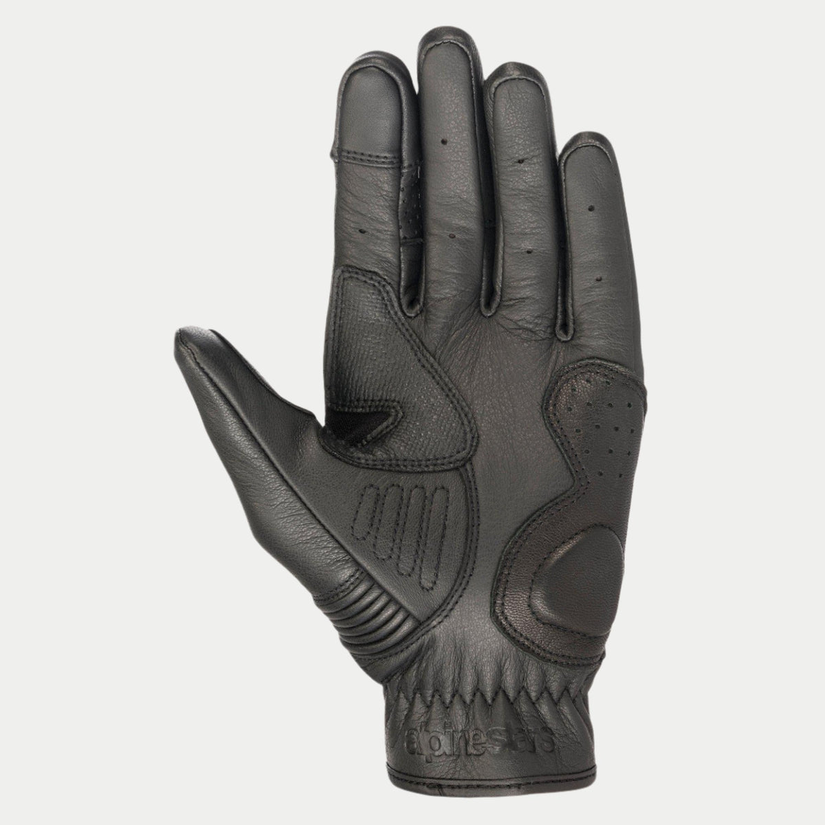 Alpinestars Crazy Eight Gloves, Motorcycle Gloves, Black, palm view showing reinforced leather construction, textured grip panels on palm and thumb, and embossed branding on the wrist cuff