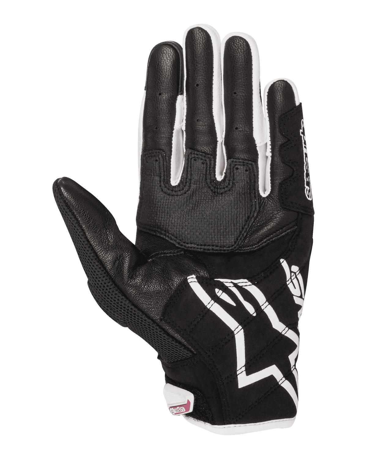 Guantes Alpinestars Stella SMX-2 Air Carbon V2 para mujer, guantes de moto, vista de la palma, negro y blanco con detalles fucsia, confección en piel y malla con palma reforzada y puntas de los dedos compatibles con pantallas táctiles