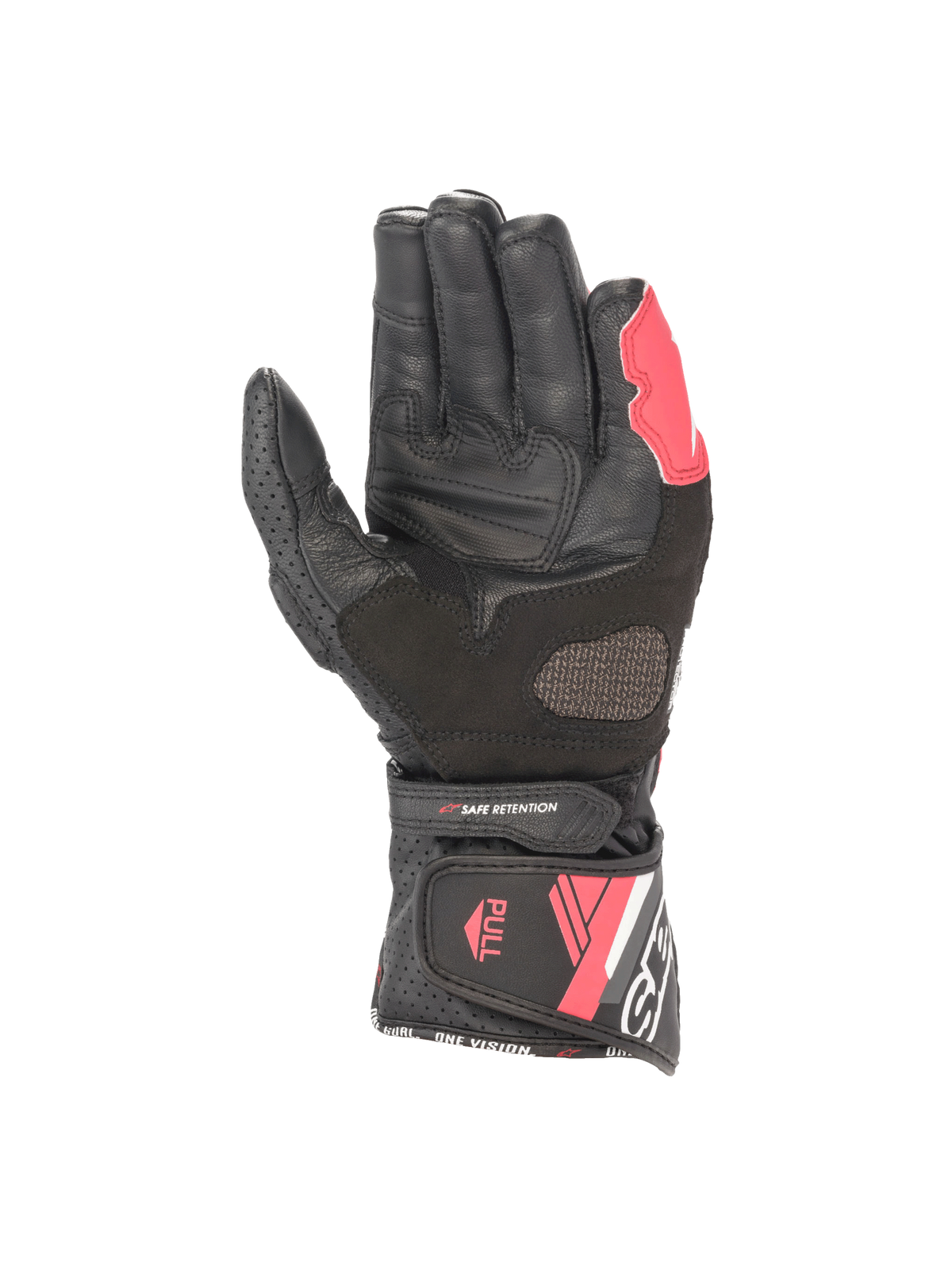 Alpinestars Stella SP-8 V3, guantes de moto para mujer, negros y rosa diva, vista de palma de piel, cierre de velcro seguro.