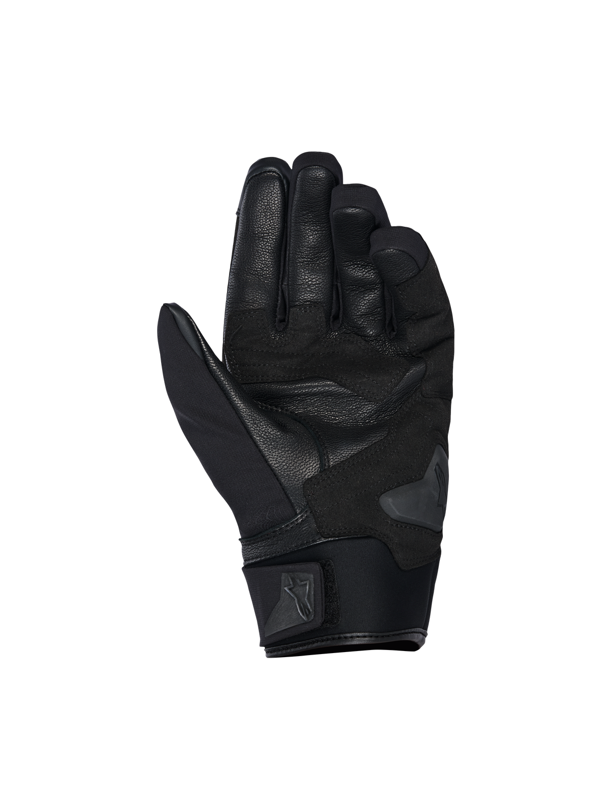 Guantes Alpinestars SP X Z Waterproof, vista de la palma, color negro, con palma de cuero duradera y secciones reforzadas, deslizador de palma y puño de neopreno suave con correa ajustable con logo de Alpinestars.