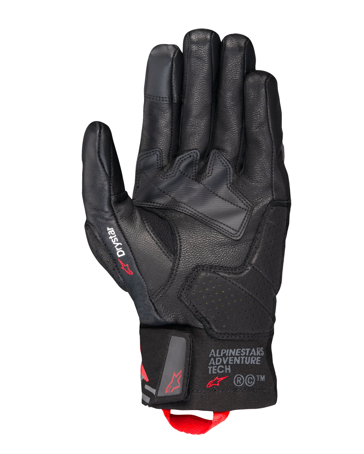 Guantes Alpinestars Belize V3 Drystar®, guantes de moto touring negros, vista de la palma con construcción de cuero y refuerzos perforados, marca Drystar en el pulgar, logotipo Adventure Tech en el puño y un tirador rojo.