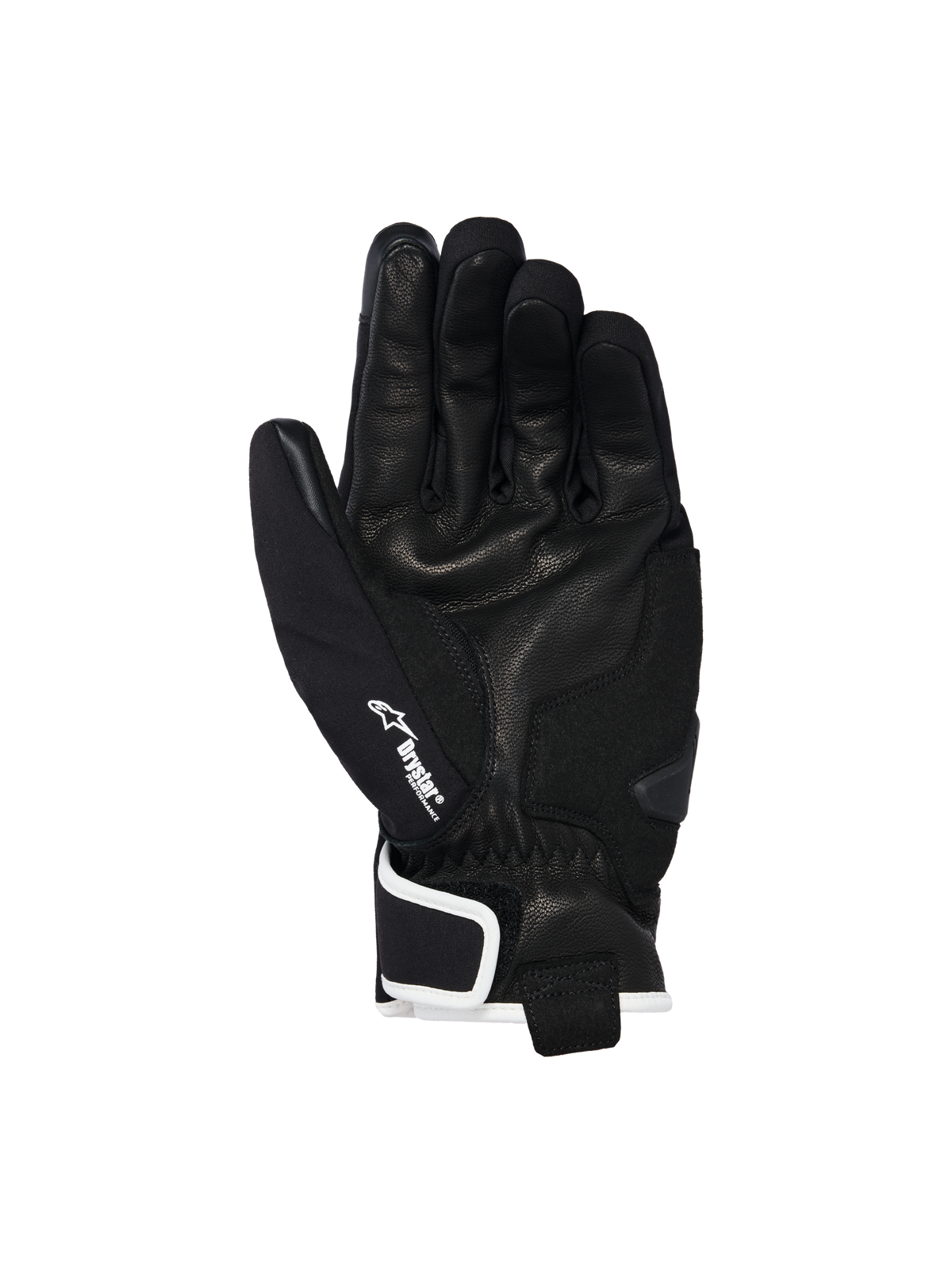 Guantes Alpinestars Moblast Waterproof, negros con detalles en blanco roto, vista de la palma que muestra la construcción en cuero de cabra, logotipo Drystar blanco en el pulgar y refuerzo de deslizador en la palma, equipamiento urbano de puño corto para motociclista